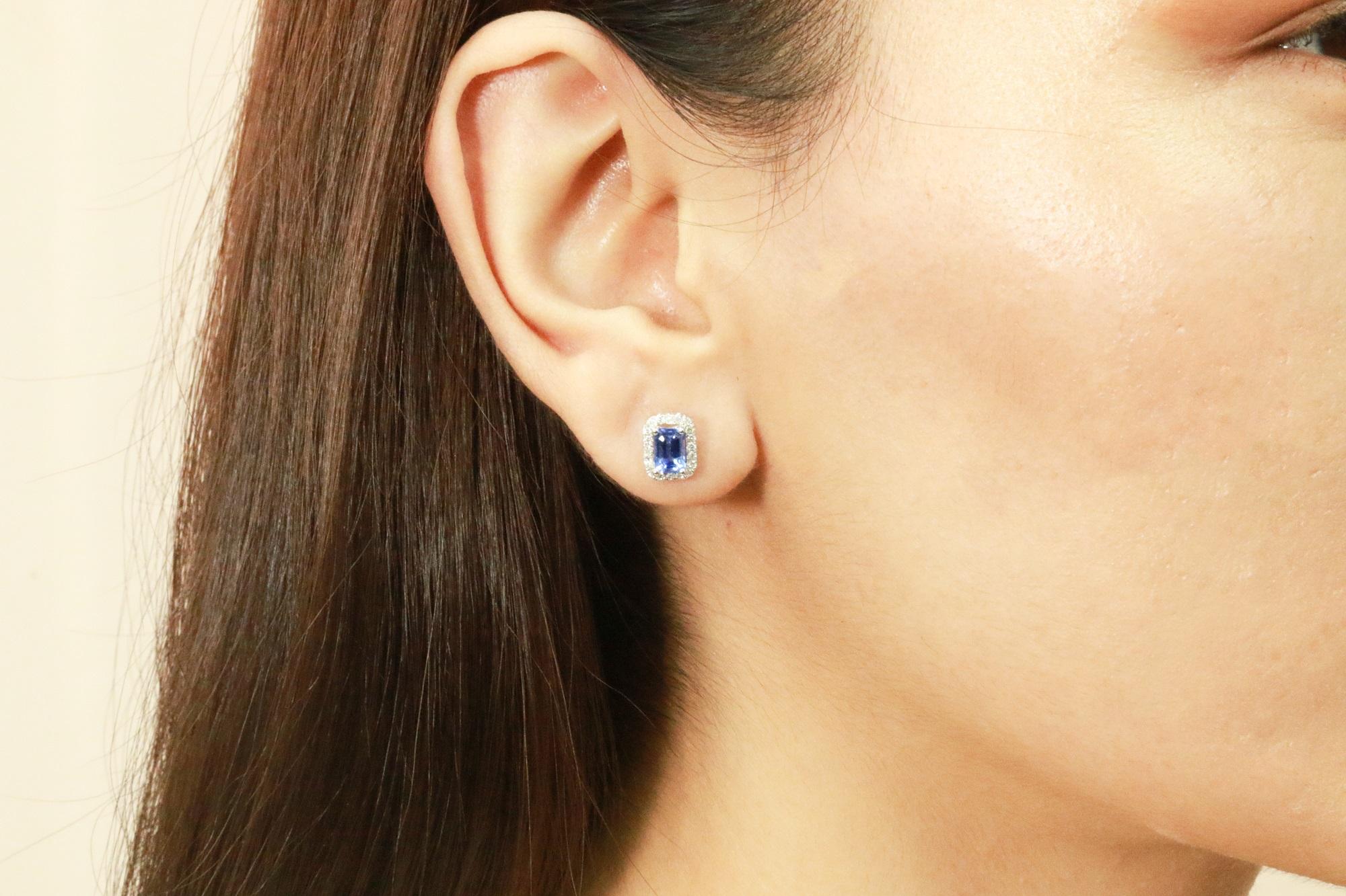 Stunning, timeless and classy eternity Unique Earring. Decorate yourself in luxury with this Gin & Grace Earring. The 14k White Gold jewelry boasts Emerald-Cut Prong Setting Genuine Tanzanite (2 pcs) 1.28 Carat along with Round-Cut Natural white