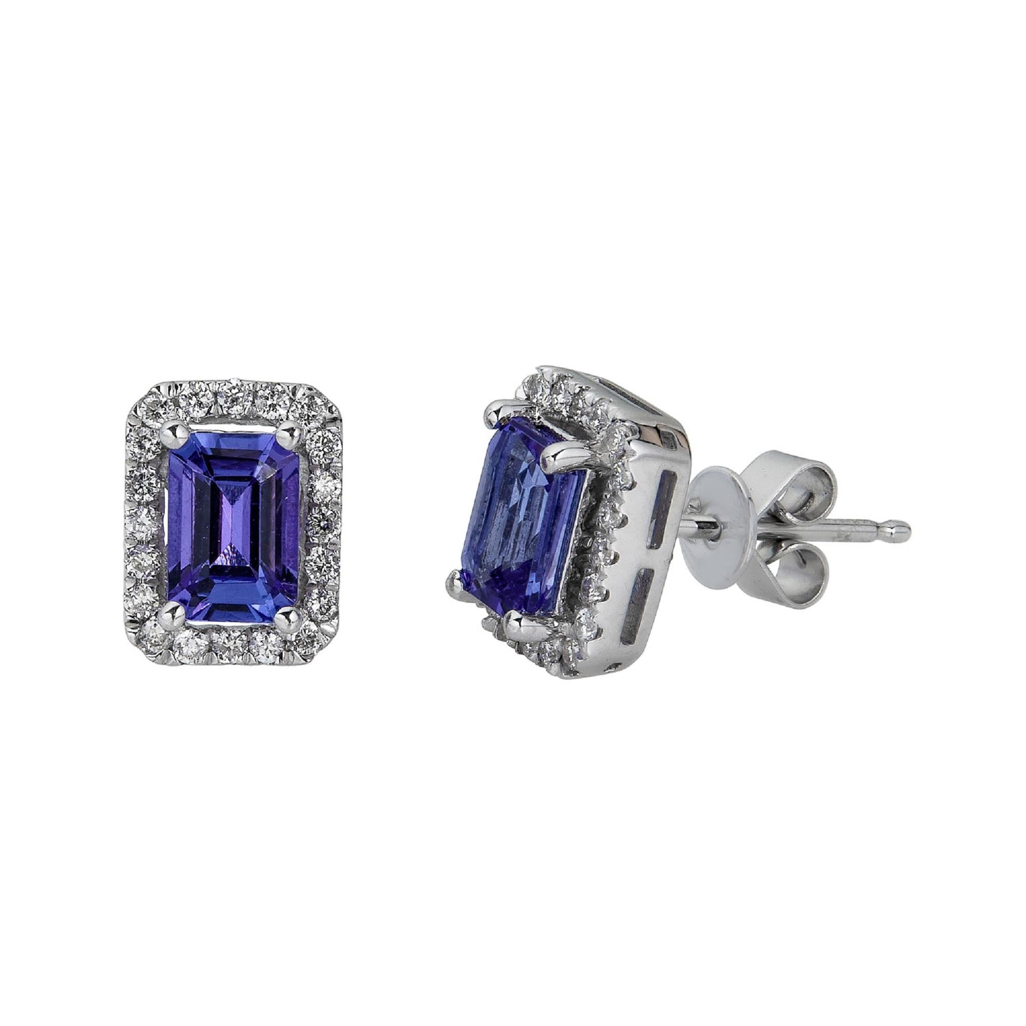 Art Deco 1.28 Carat Tanzanite Emerald Cut Diamond Accents 14K White Gold Stud Earring