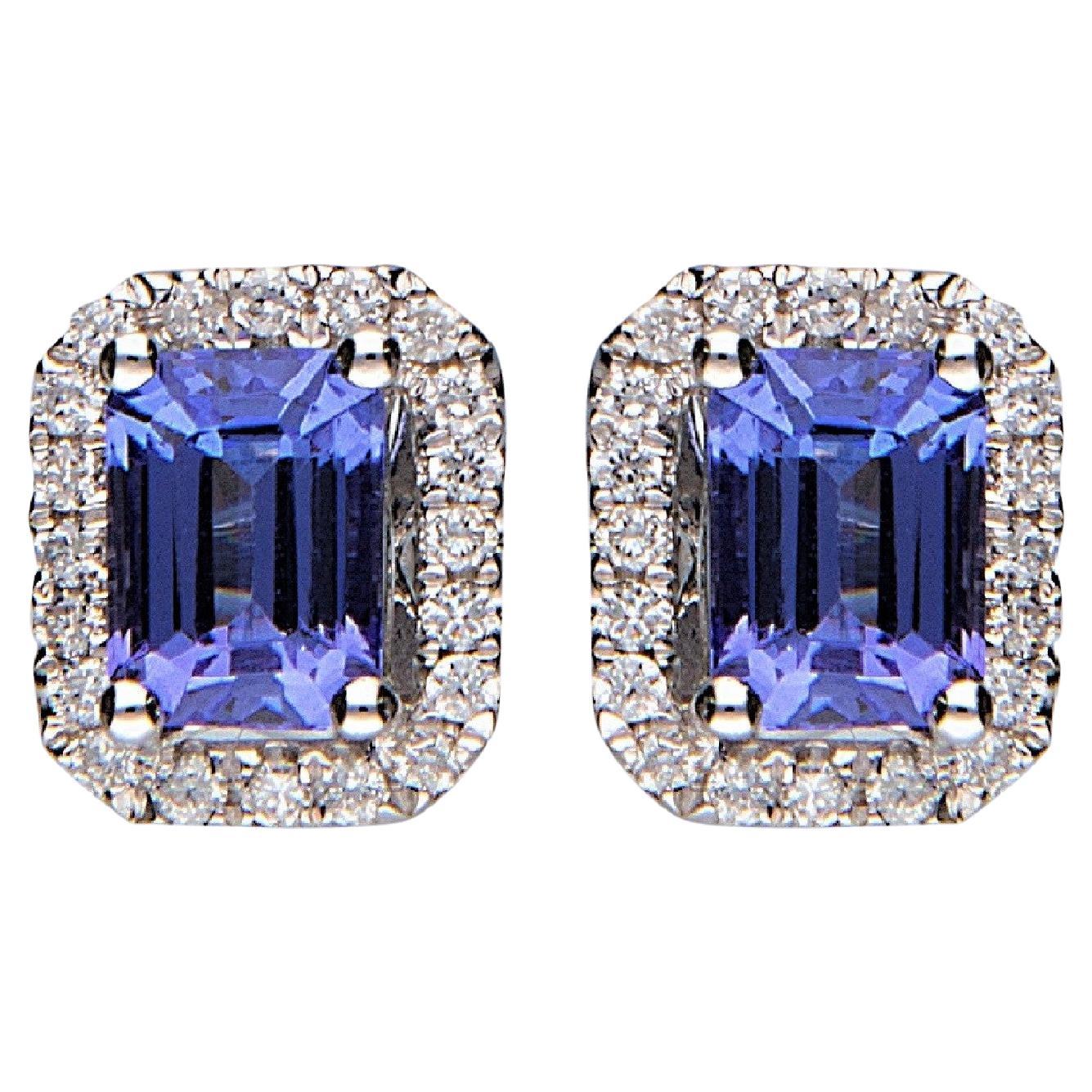 1.28 Carat Tanzanite Emerald Cut Diamond Accents 14K White Gold Stud Earring