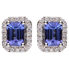1.28 Carat Tanzanite Emerald Cut Diamond Accents 14K White Gold Stud Earring