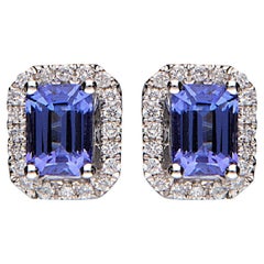 1.28 Carat Tanzanite Emerald Cut Diamond Accents 14K White Gold Stud Earring