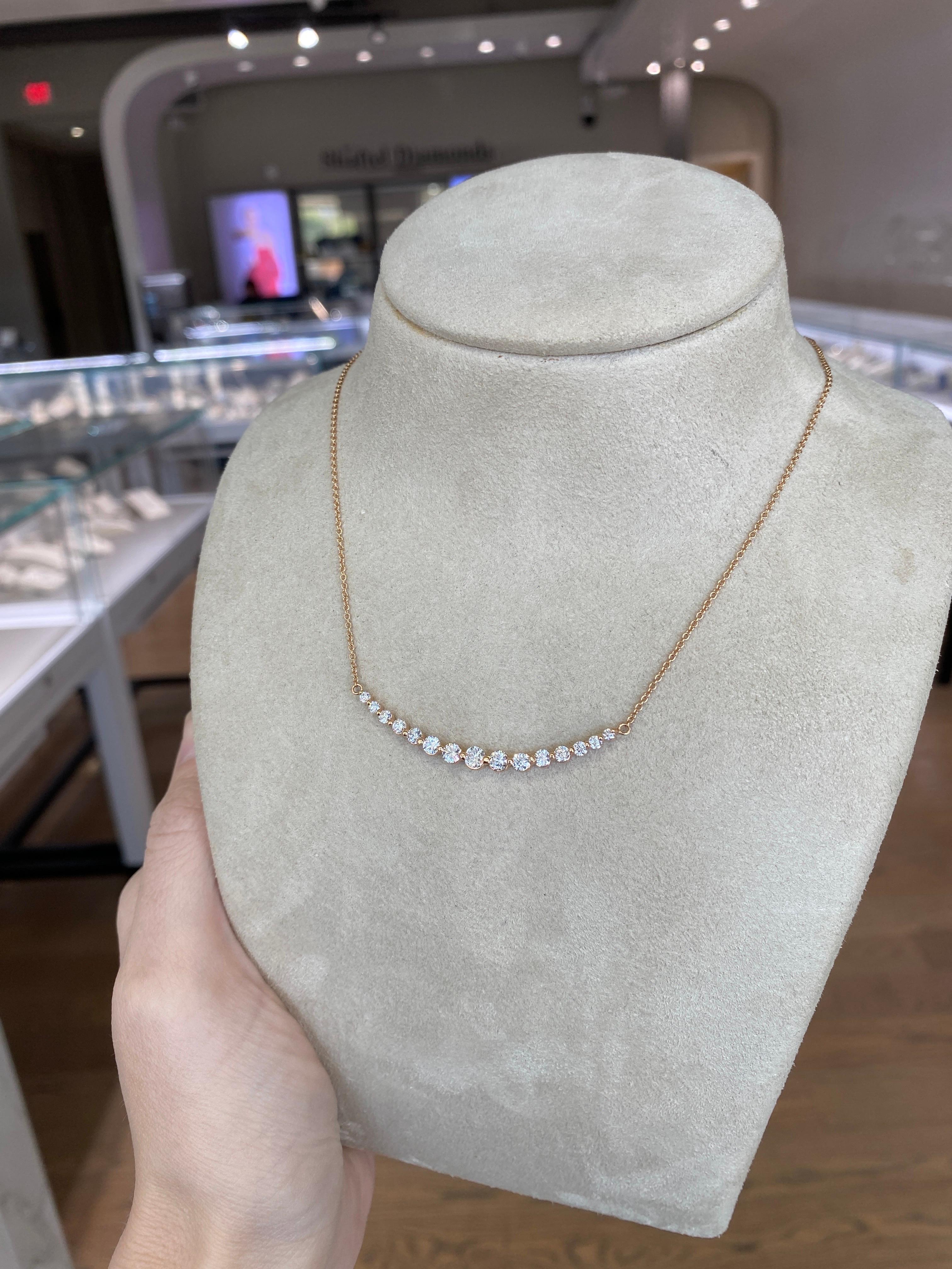 1.28 Carat Total Weight Natural Diamond Graduated Bar Necklace, 18k Rose Gold In New Condition For Sale In Houston, TX
