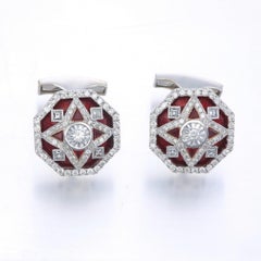 1.28 Carats Diamond Ruby and Enamel Cufflink in 18 Karat White Gold