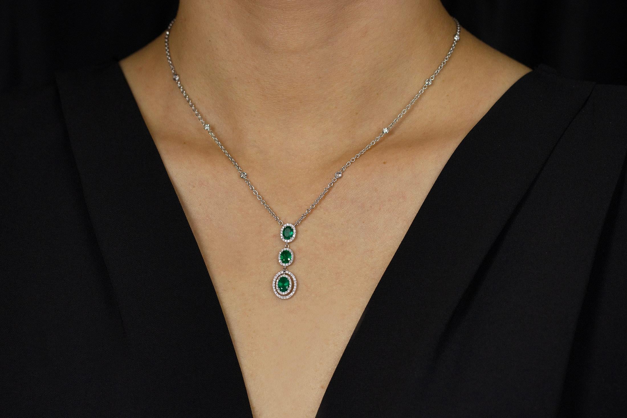 Women's Roman Malakov 1.28 Carat Oval Cut Emerald with Diamond Halo Pendant Necklace  For Sale