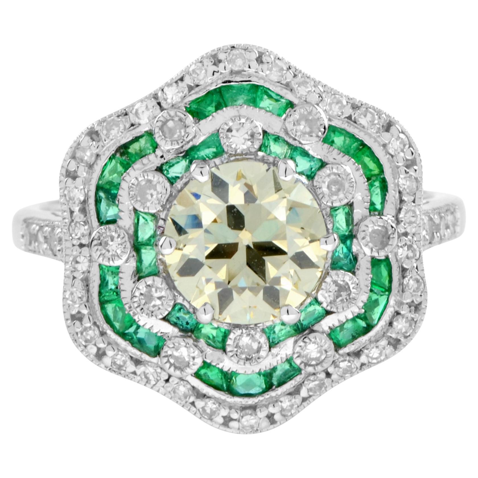 1,28 ct. Zertifizierter Diamant Smaragd Art Deco Stil Verlobungsring 18K Weißgold