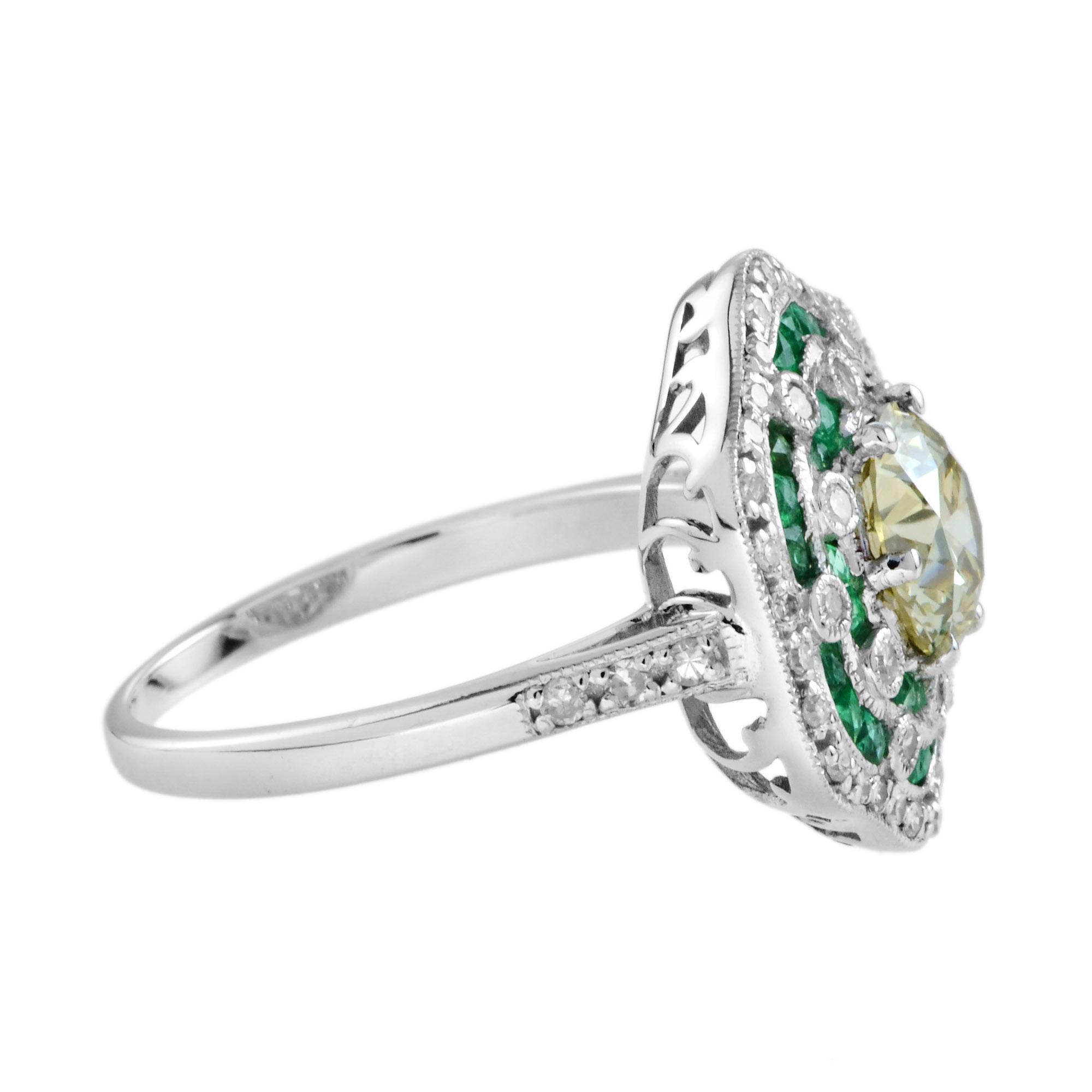 Taille vieille mine 1.28 Ct. Bague de fiançailles de style Art déco en or 18 carats avec diamant certifié et émeraude en vente