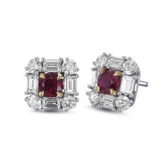 1,28 ct CS's Extraordinary Round Red Ruby and Diamond Halo Stud Earrings