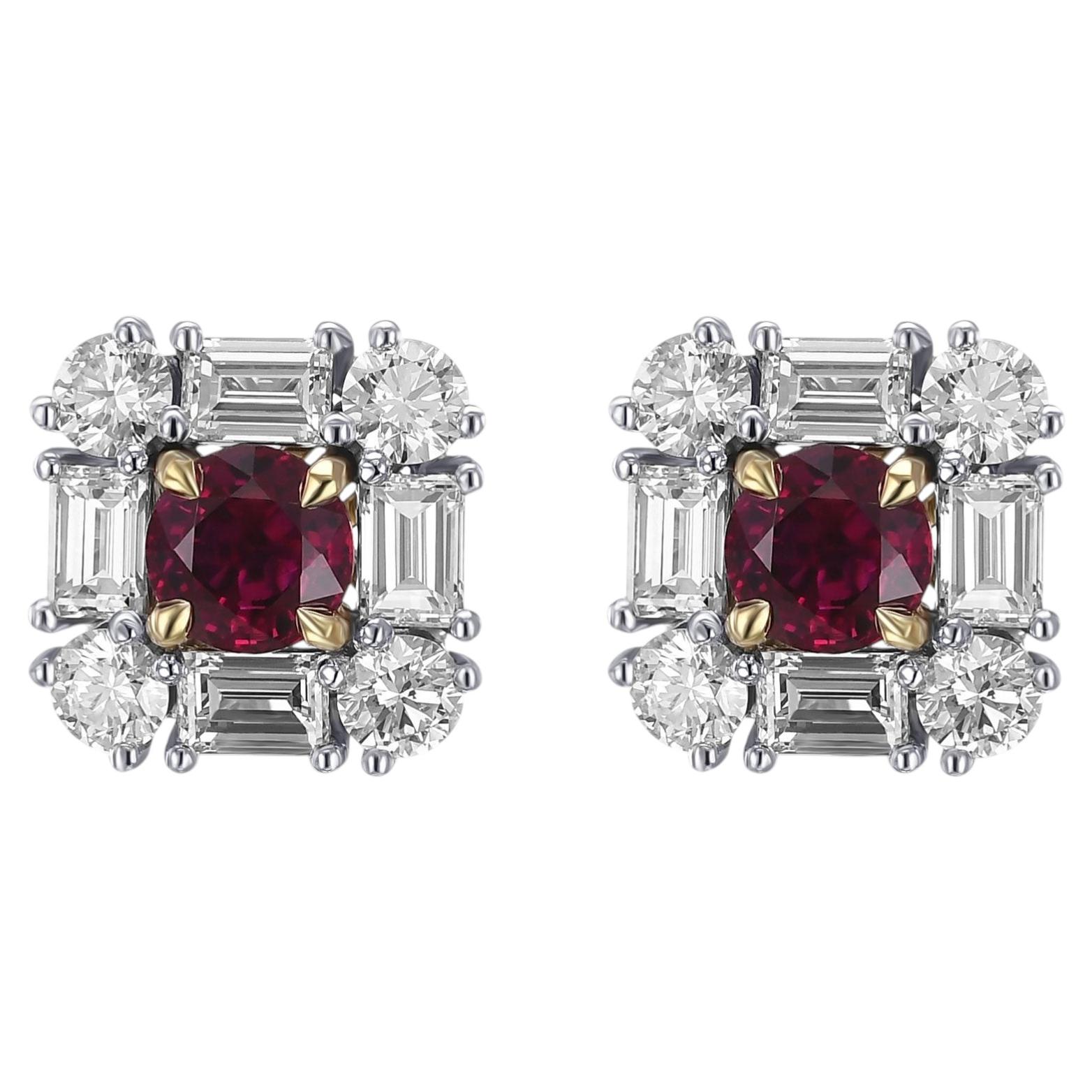 1.28 ct CS's Extraordinary Round Red Ruby and Diamond Halo Stud Earrings For Sale
