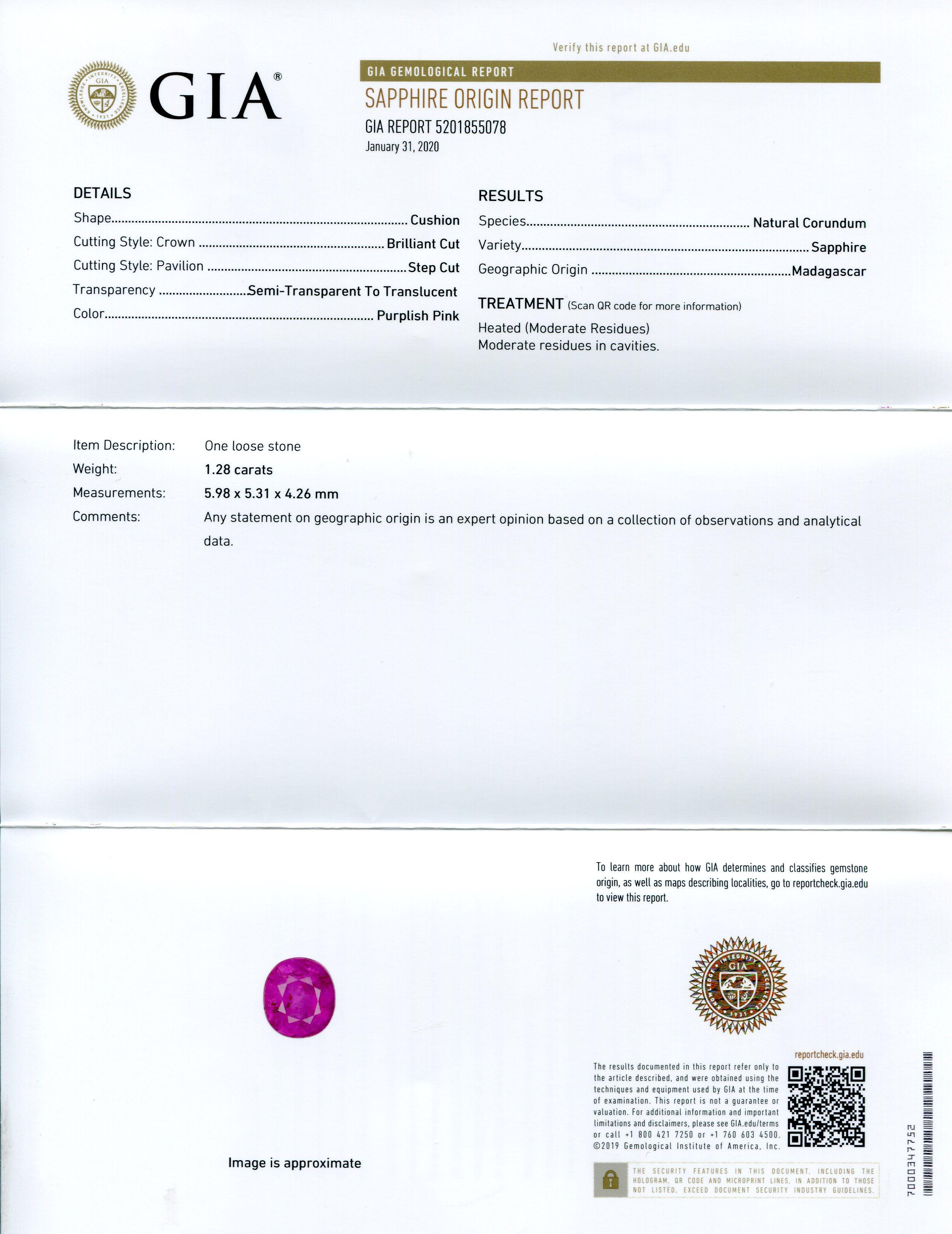 Femenino o masculino Zafiro rosa púrpura en cojín de 1,28 ct Certificado GIA Madagascar en venta