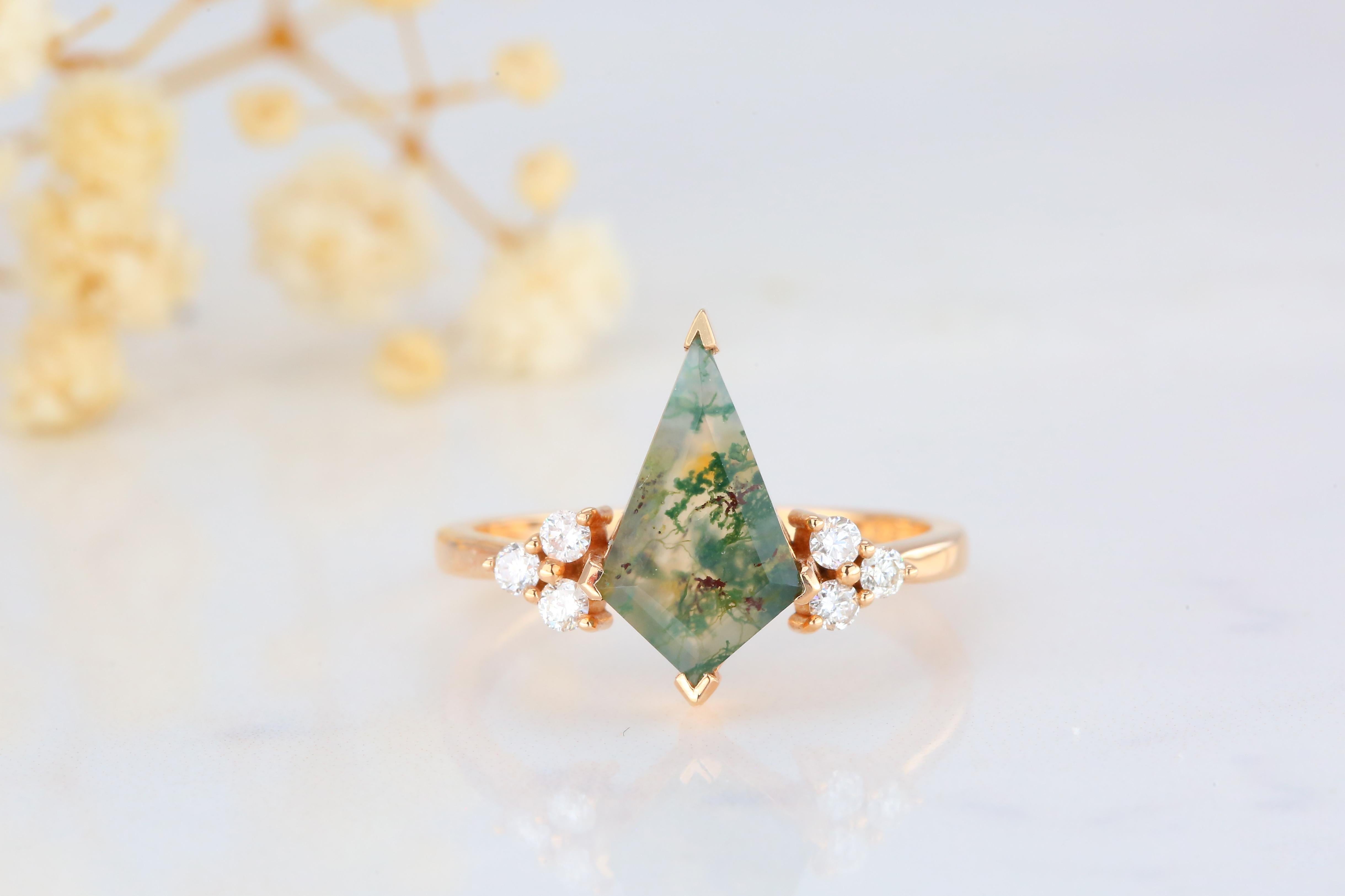 1.28 Ct. Moss Agate with Diamond Cocktail Ring, 14K Ring, created by hands from ring to the stone shapes. 

I used brillant special selection moss agate in vintage style for lovers of cocktail ring. I completed these in 14K solid excelent rose gold