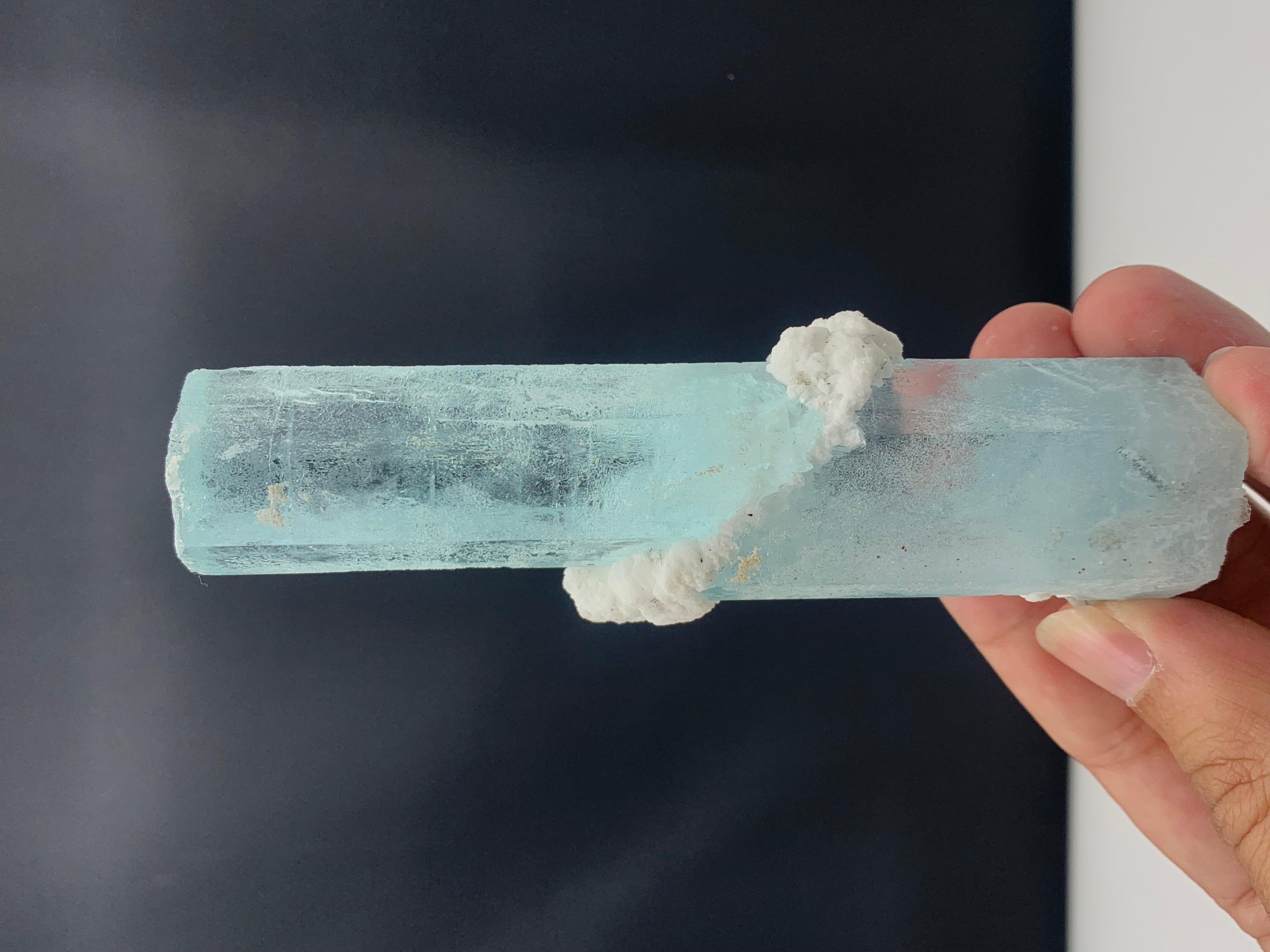 Incredible Natural Aquamarine Specimen From Nagar Valley, Pakistan
WEIGHT: 128 gram
DIMENSIONS: 11.8 x 2.8 x 2.5 Cm
ORIGIN: Nagar Valley, Gilgit Baltistan Pakistan 
TREATMENT: None
Aquamarine is a pale-blue to light-green variety of beryl. The