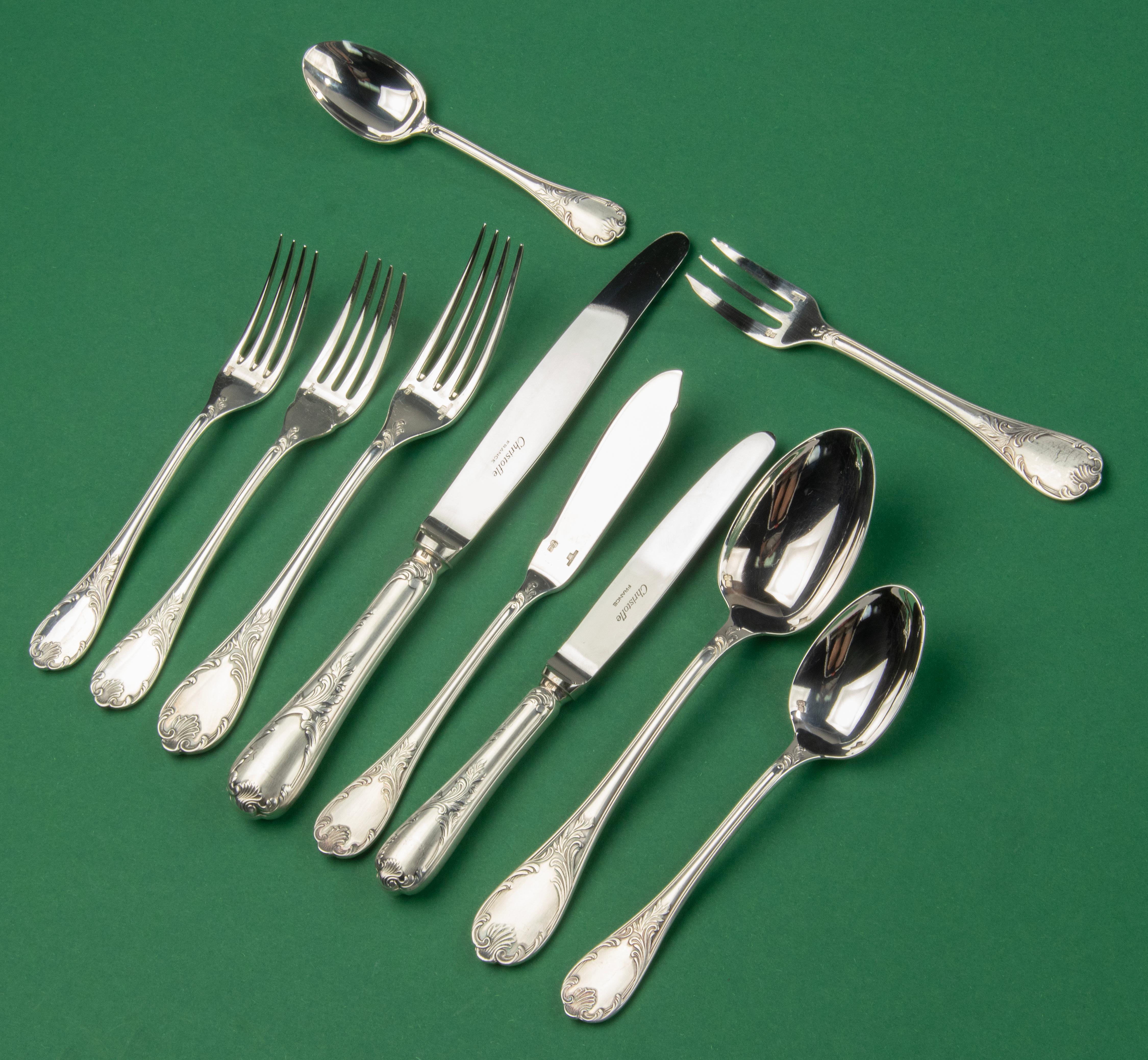 A great set of silver plated tableware for 12 persons, made by the French brand Christofle. 
The name of the model is Marly. 
- 12 table knives
- 12 table forks
- 12 table spoons 
- 12 lunch / dessert knives
- 12 lunch / dessert spoons
- 12 lunch /