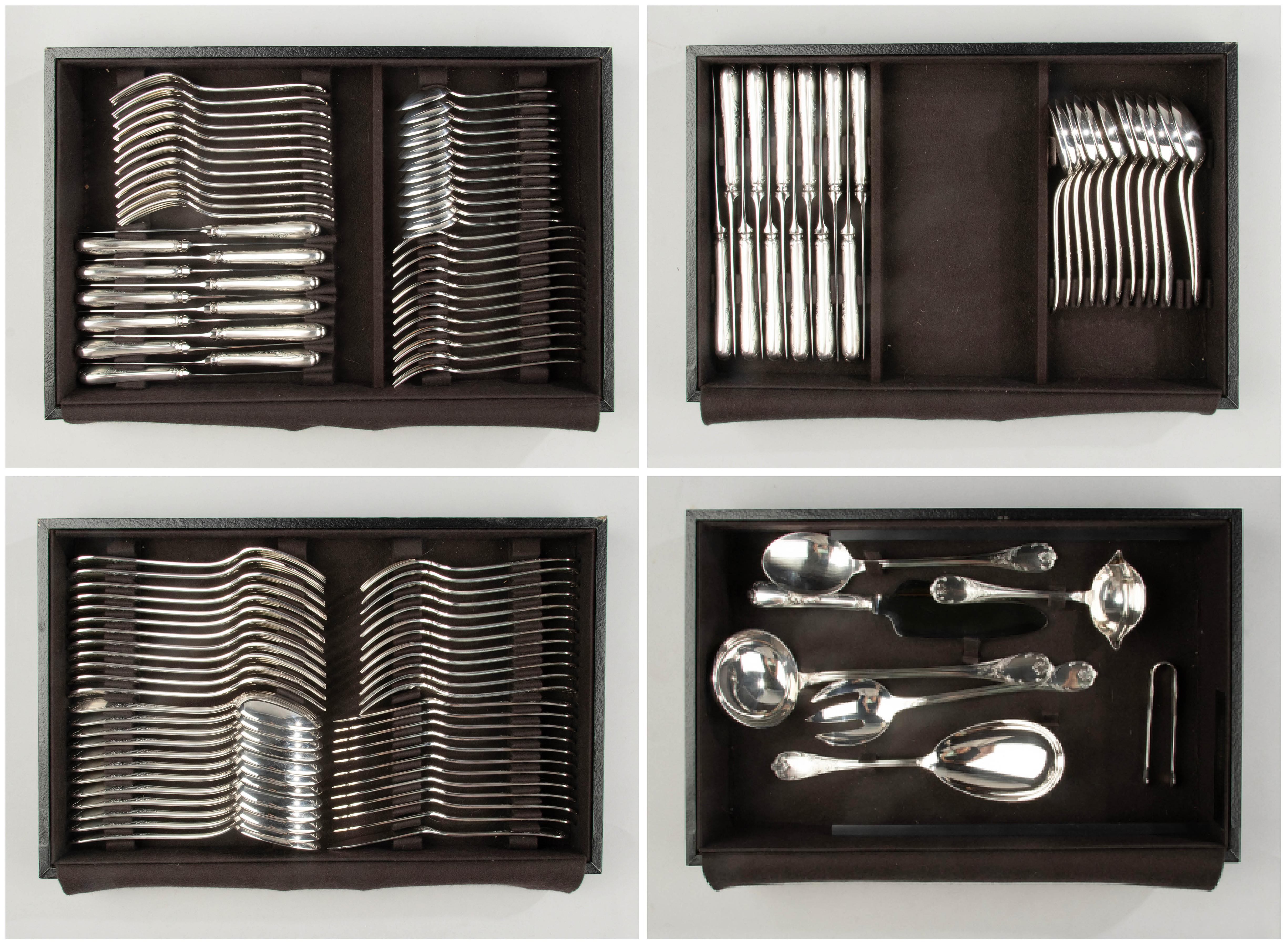 Silver Plate 128-Piece Set Silver-Plated Tableware - Christofle - Model Marly - Complete 