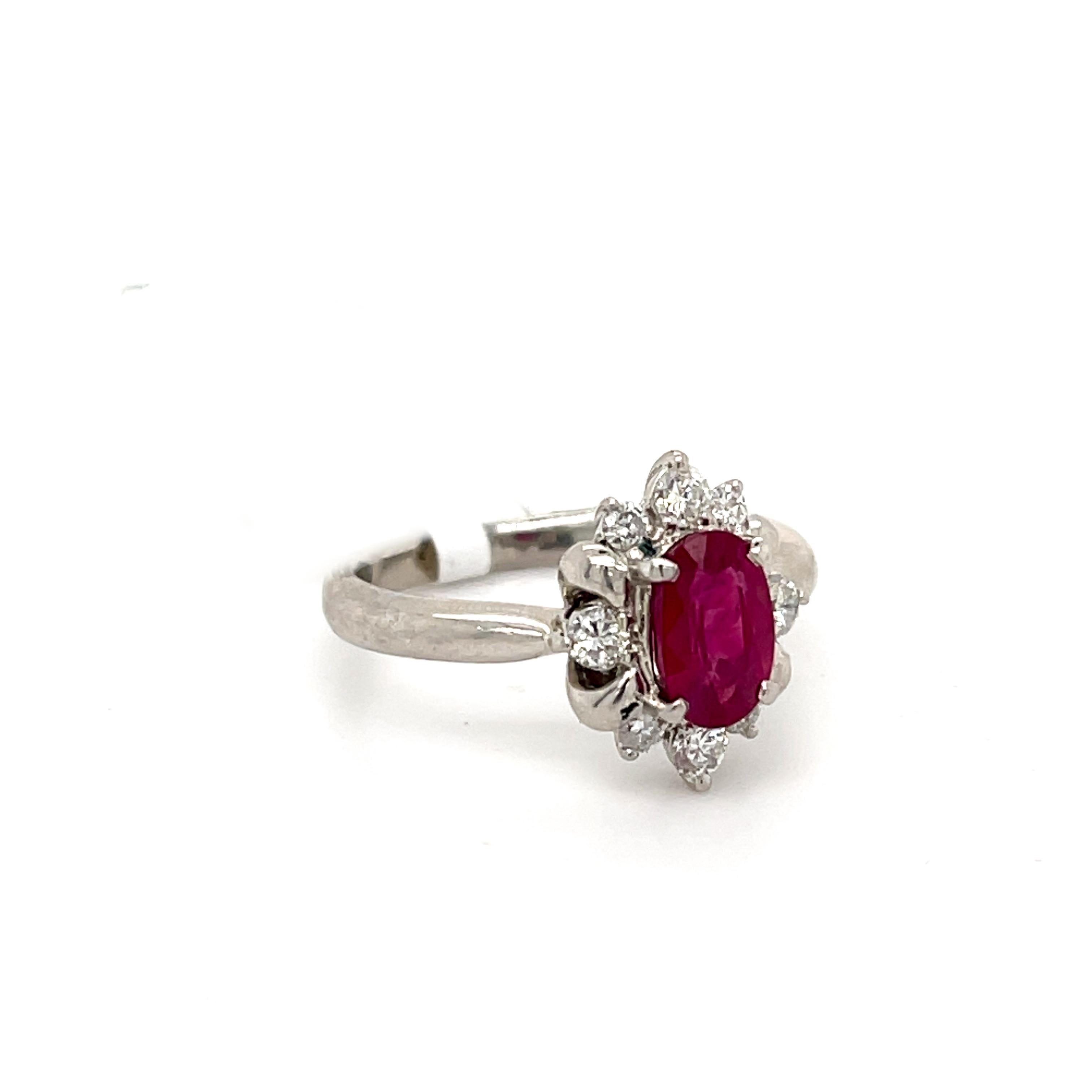 Oval Cut 1.28 Very Fine Ruby and Diamond Platinum Ring For Sale