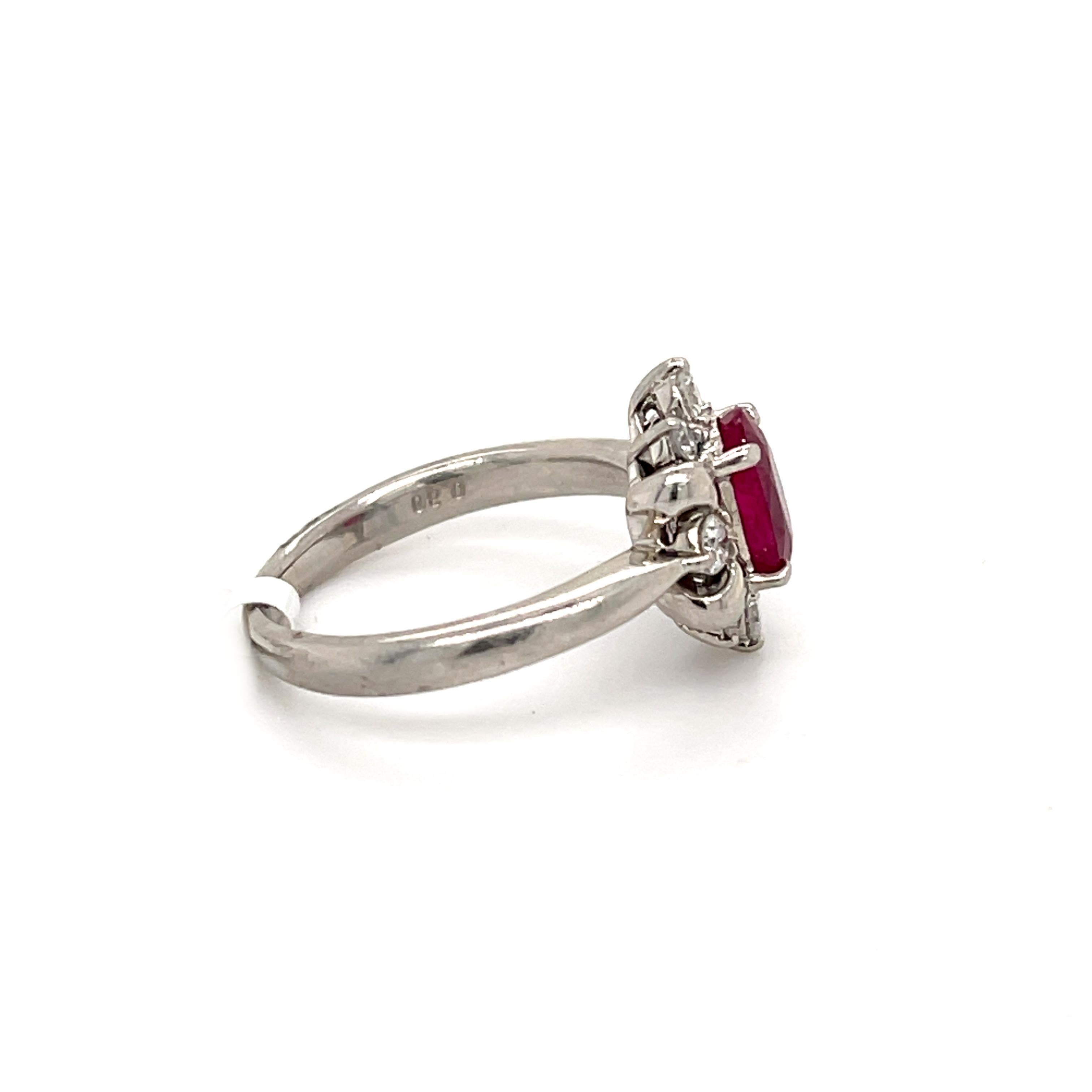 1.28 Very Fine Ruby and Diamond Platinum Ring In Good Condition For Sale In Carlsbad, CA