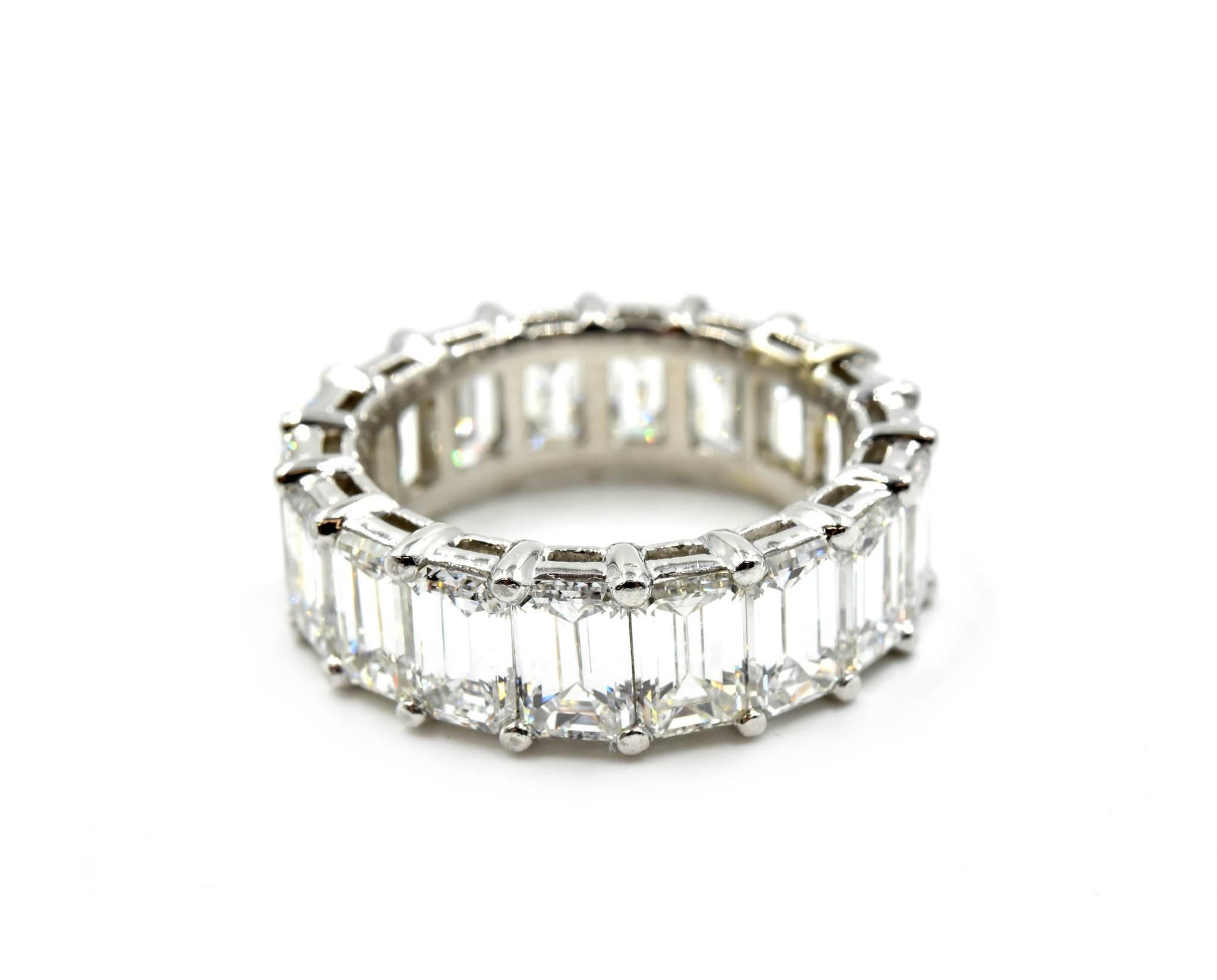 Designer: custom design
Material: platinum
Diamonds: 18 emerald cut diamonds = 12.80 carat total weight
Color: H-I
Clarity: VS
Dimensions: band is 1/4-inches wide
Ring size: 7 (please allow two additional shipping days for sizing requests)
Weight: