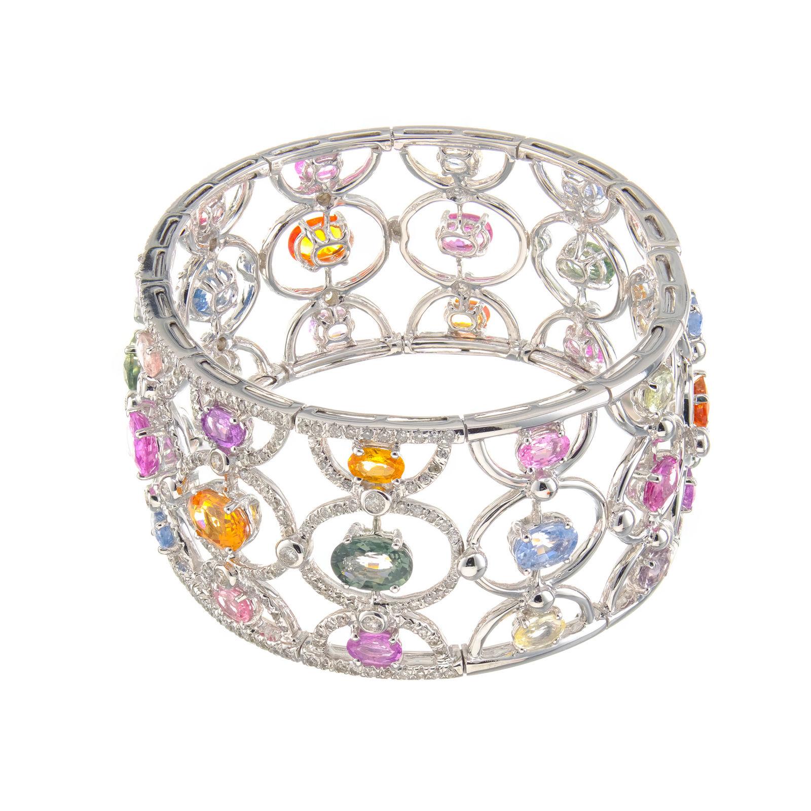 Oval Cut 12.80 Carat GIA Certified Multi-Color Sapphire Diamond Gold Cuff Bangle Bracelet