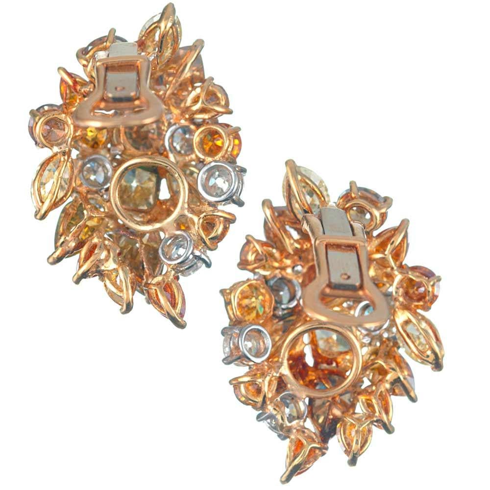 Mixed Cut 12.80 Carat Multicolored Diamonds Gold Cluster Earrings