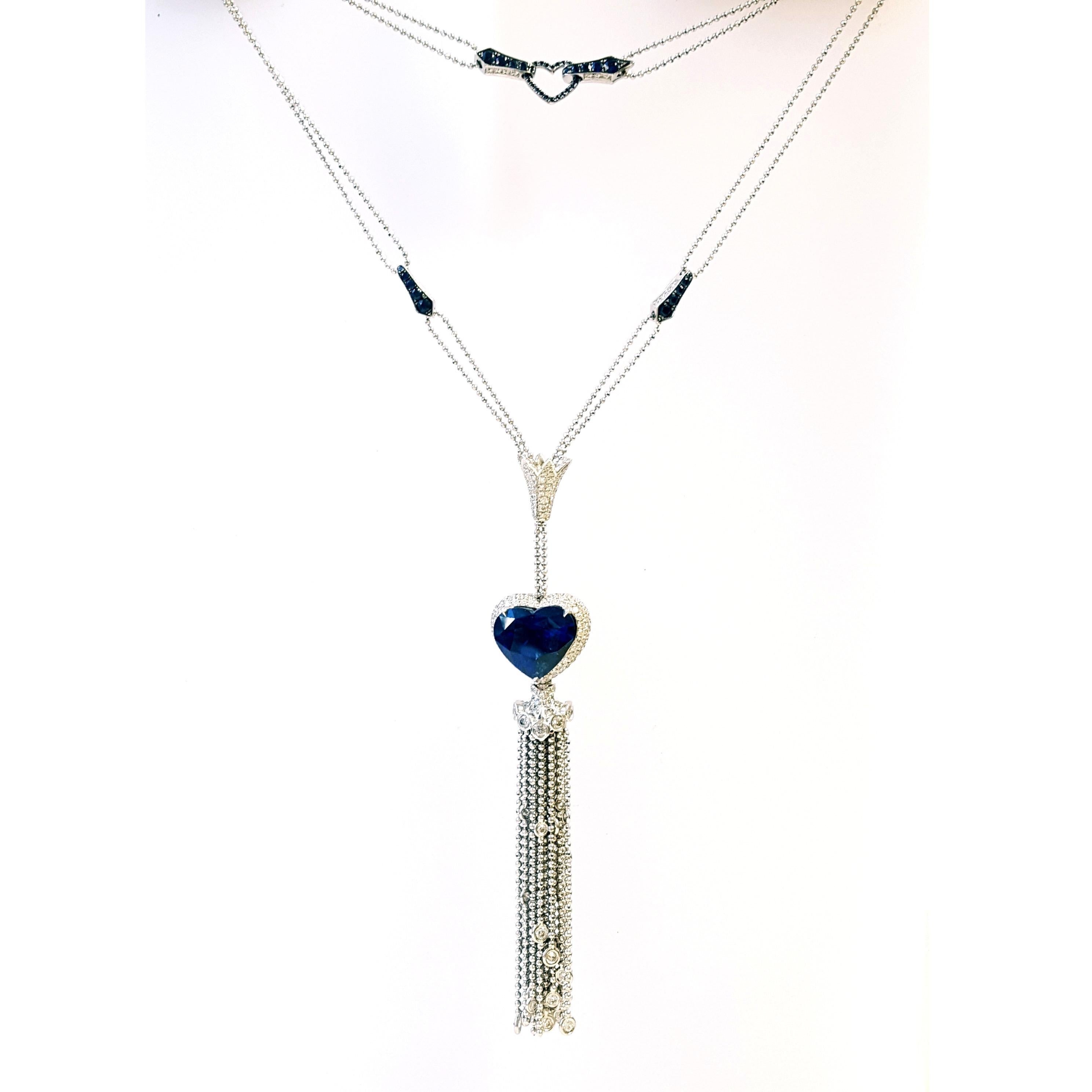 Contemporary 12.80 Carat Sapphire & Diamond Tassel Necklace RGS Certified, 18K White Gold. For Sale