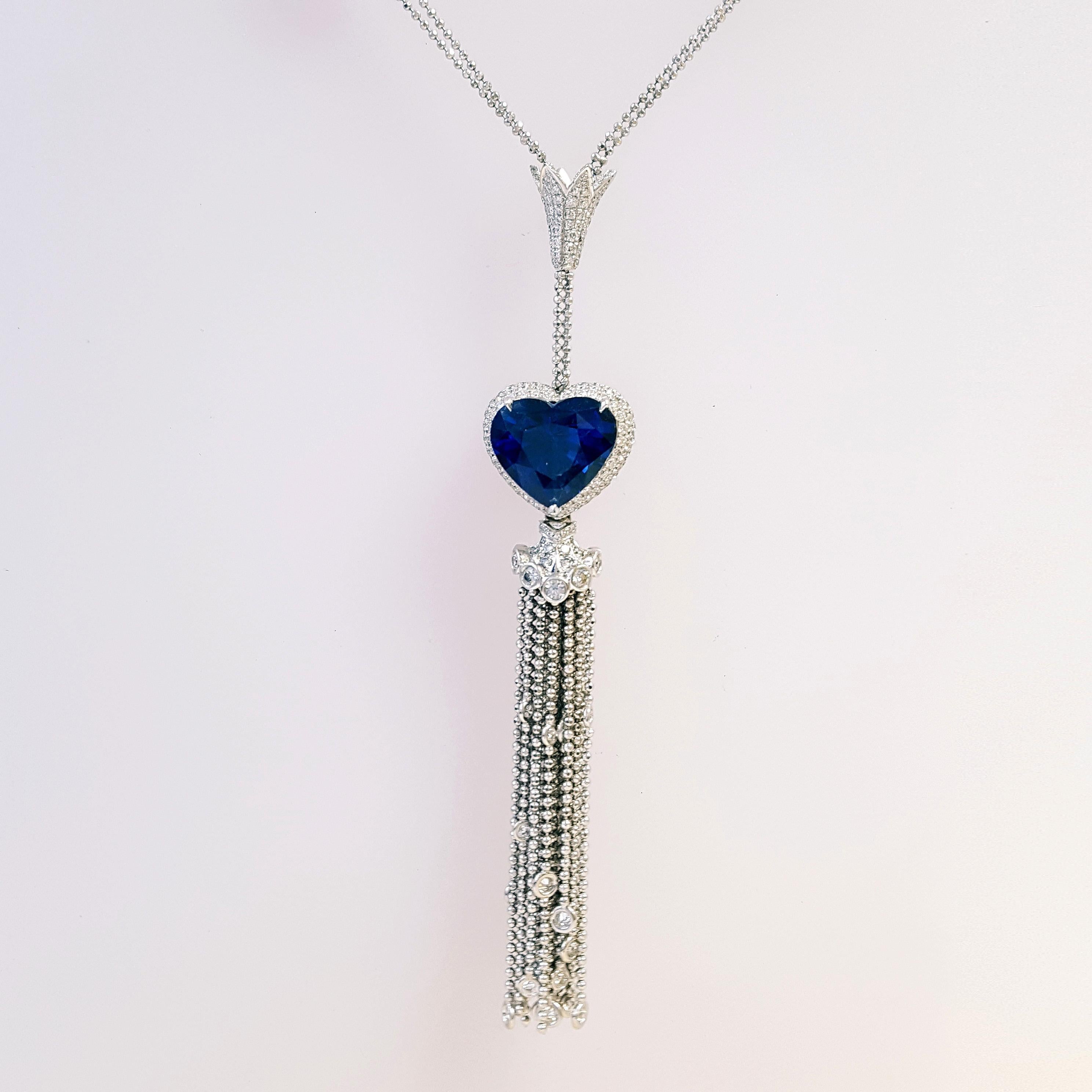 Heart Cut 12.80 Carat Sapphire & Diamond Tassel Necklace RGS Certified, 18K White Gold. For Sale
