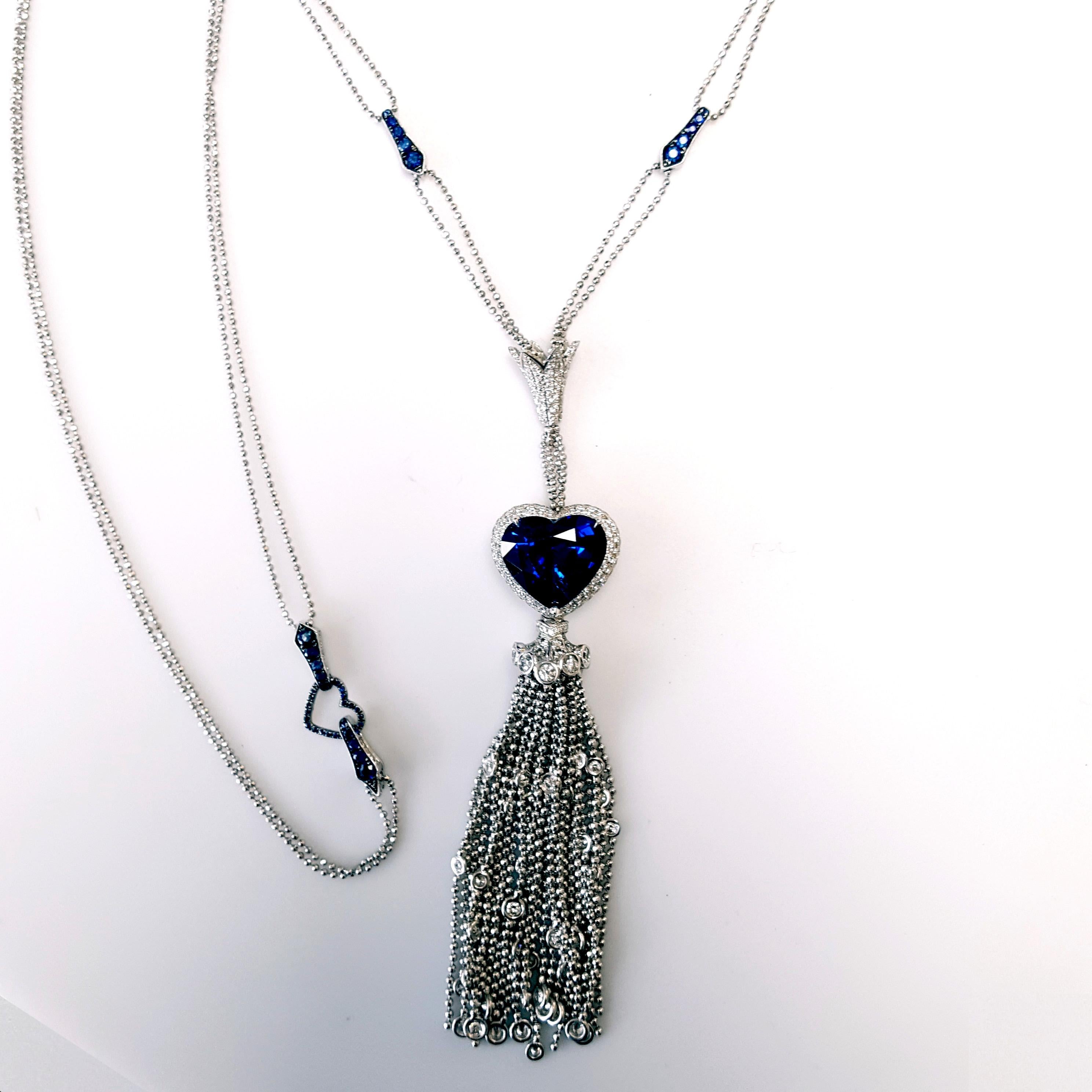 12.80 Carat Sapphire & Diamond Tassel Necklace RGS Certified, 18K White Gold. In New Condition For Sale In New York, NY
