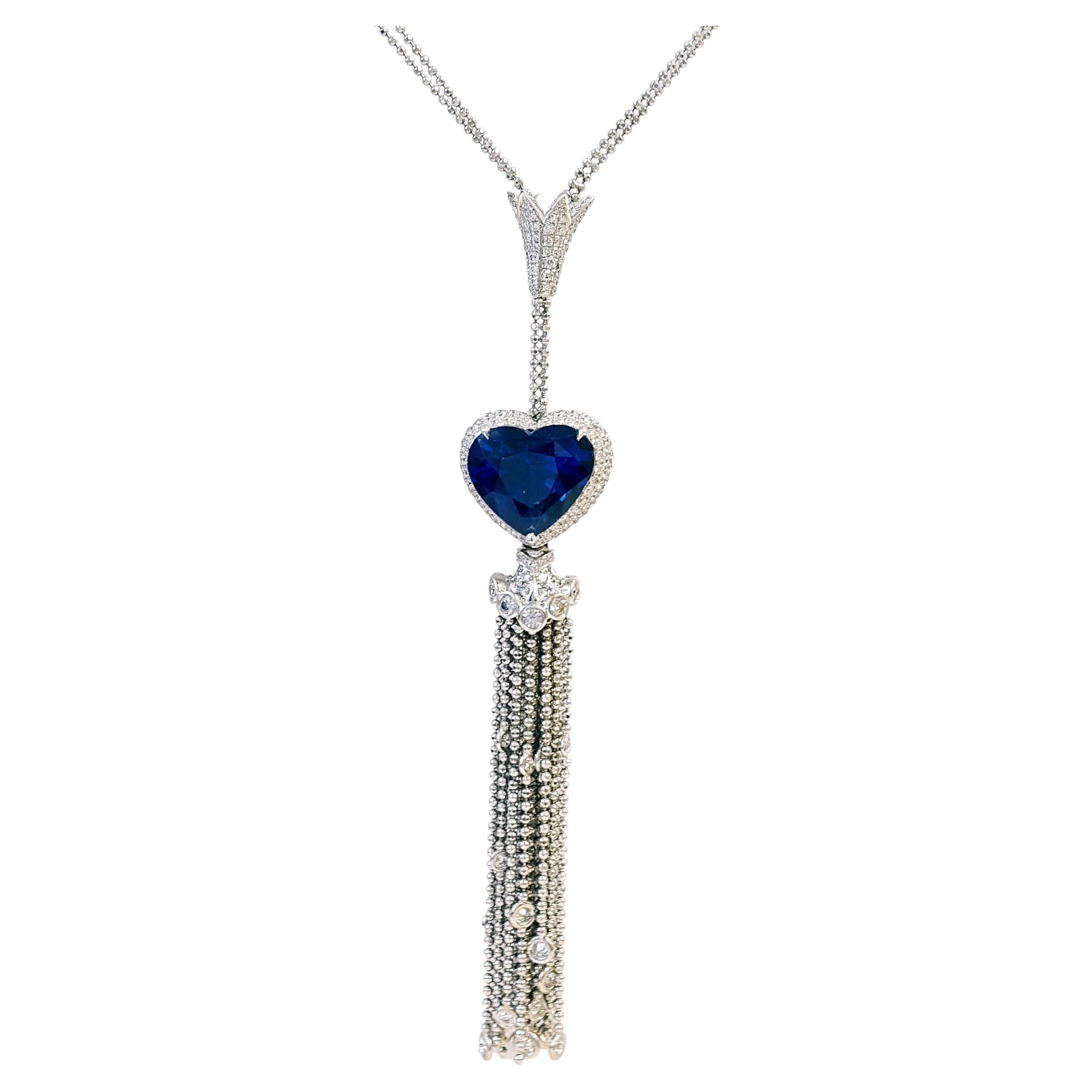 12.80 Carat Sapphire & Diamond Tassel Necklace RGS Certified, 18K White Gold. For Sale
