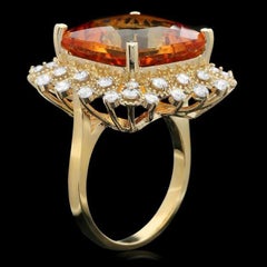 12.80 Carats Natural Citrine and Diamond 14K Solid Yellow Gold Ring