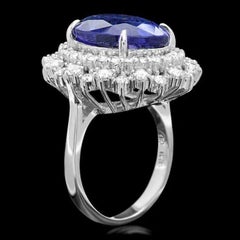 12.80 Carats Natural Tanzanite and Diamond 18K Solid White Gold Ring