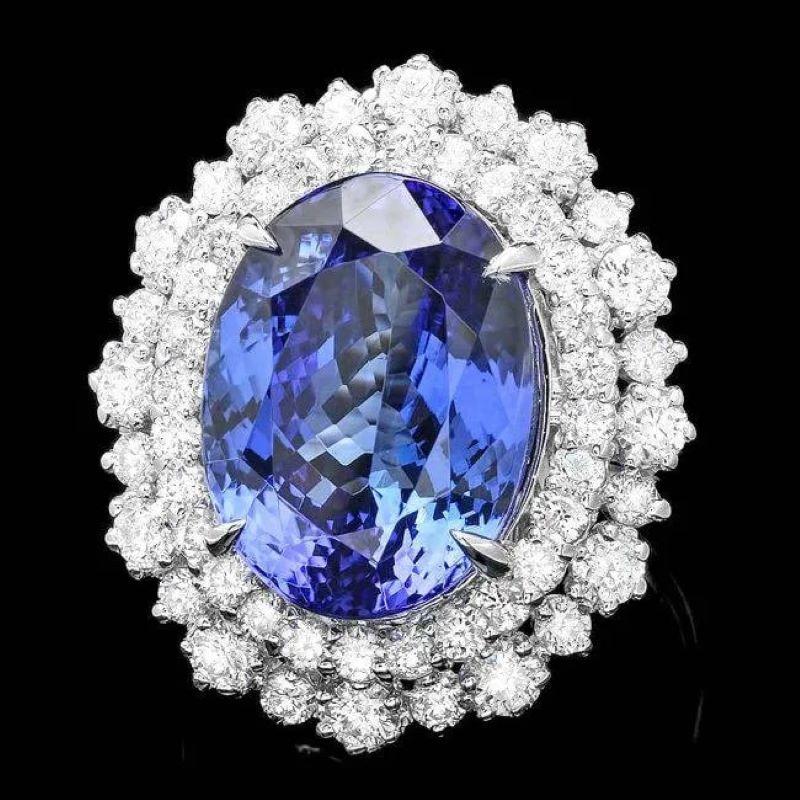 Mixed Cut 12.80 Carats Natural Tanzanite and Diamond 18K Solid White Gold Ring For Sale