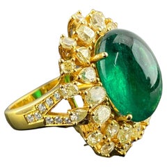 12.81 Carat Emerald Cabochon and Yellow Diamond Cocktail Ring