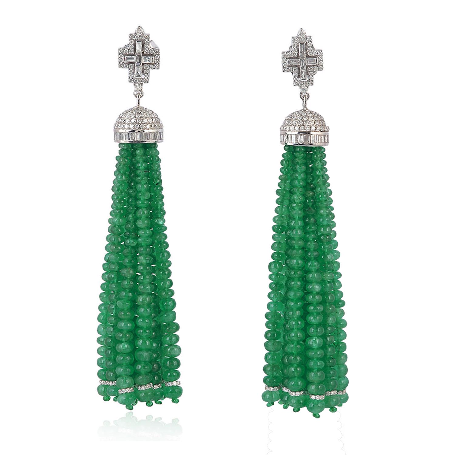 These stunning tassel earrings are handmade in 18-karat gold.  It is set with 128.1 carats emerald and 4.61 carats of glittering diamonds.

FOLLOW  MEGHNA JEWELS storefront to view the latest collection & exclusive pieces.  Meghna Jewels is proudly