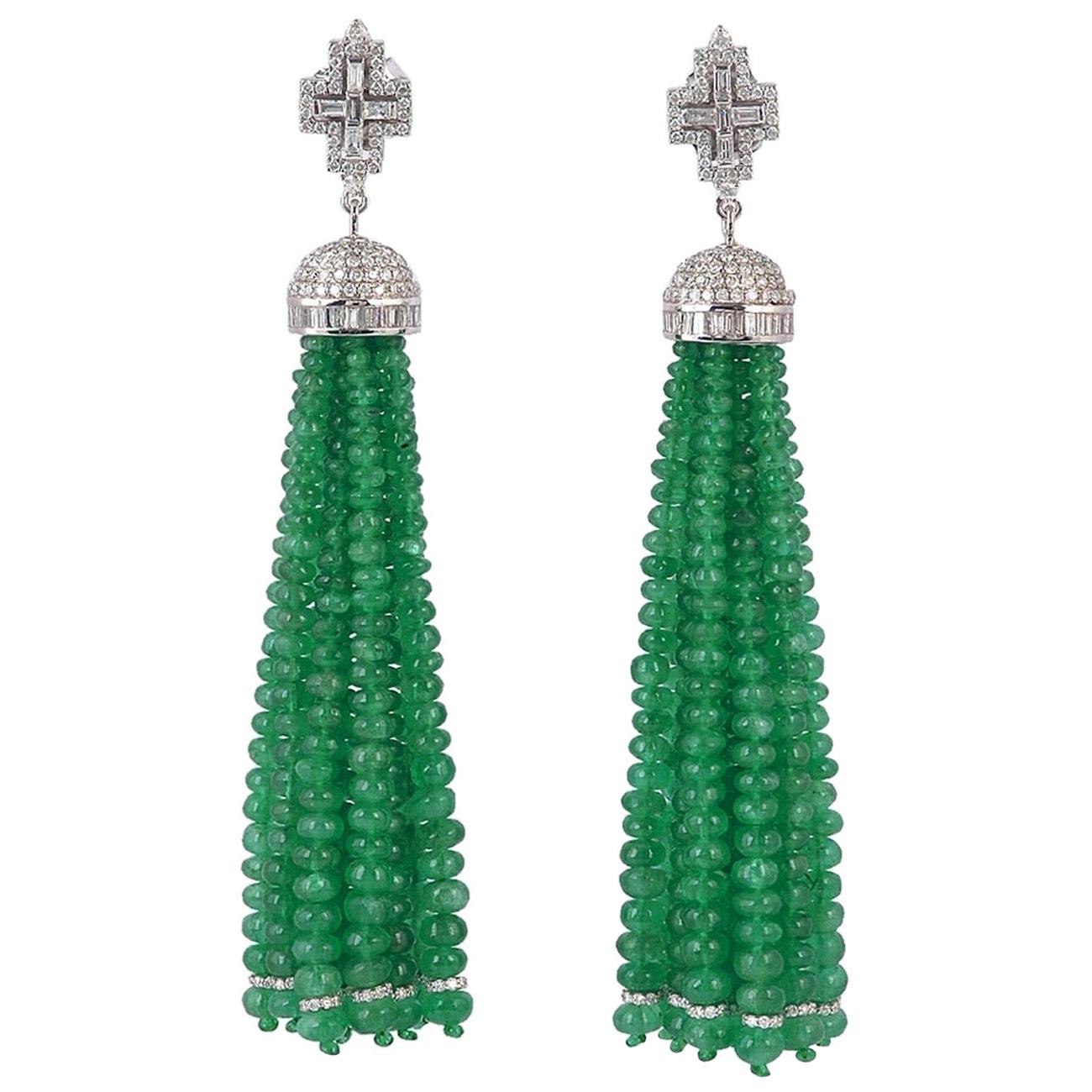 128.1 Carat Emerald Diamond 18 Karat Gold Tassel Earrings