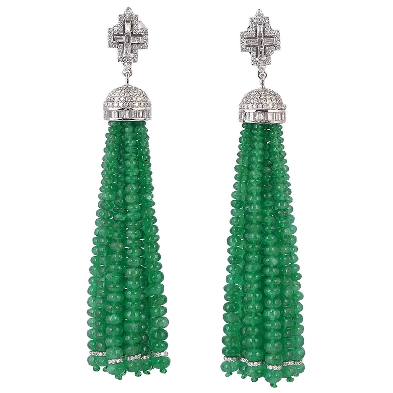 128.1 Carat Emerald Diamond 18 Karat Gold Tassel Earrings For Sale