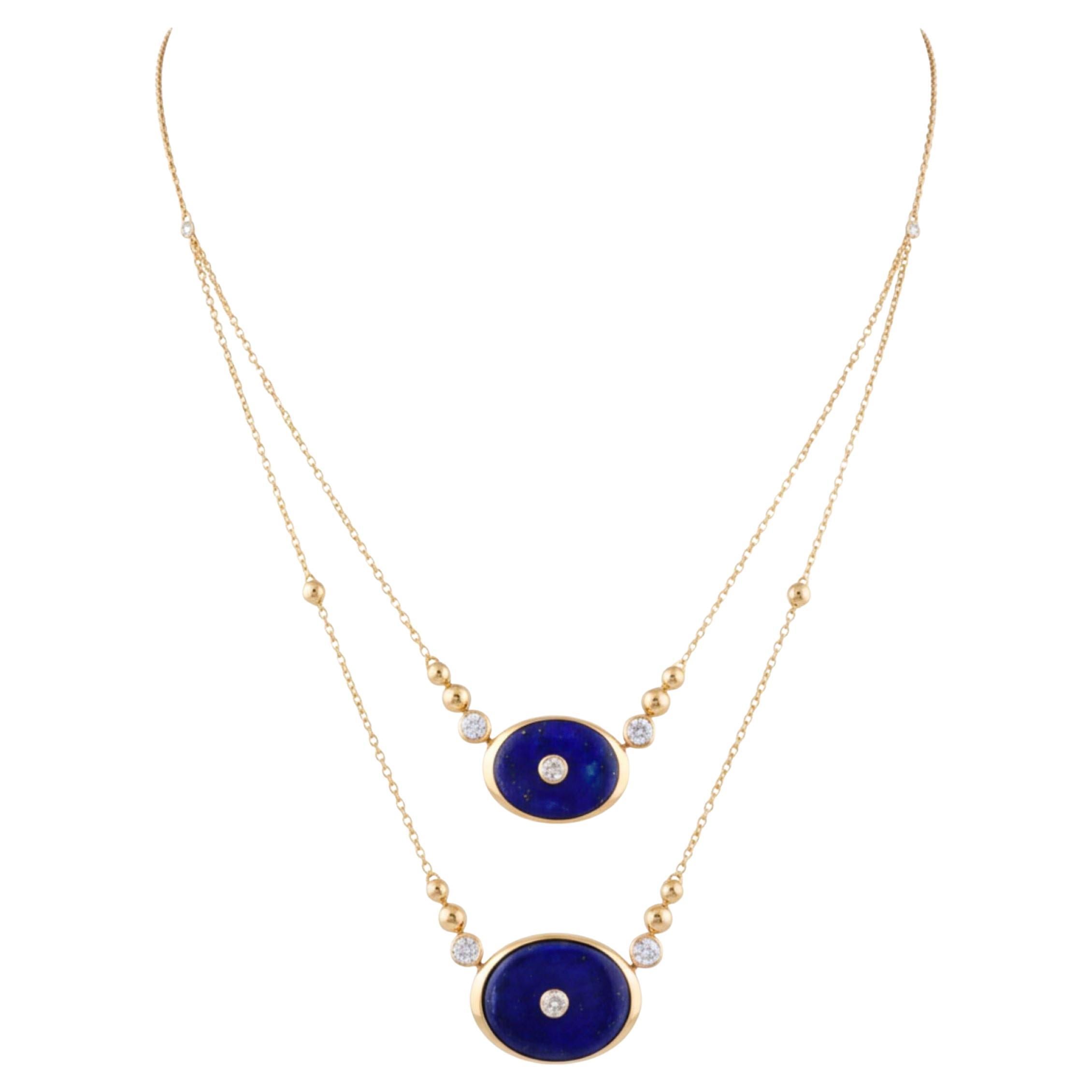 12.81ct Lapis Lazuli SI/H 0.72ct Diamond Multi Strand Necklace 14k Yellow Gold For Sale