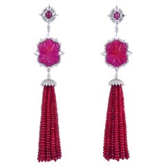 128.2 Carat Carved Ruby Diamond 18 Karat Gold Drop Tassel Earrings