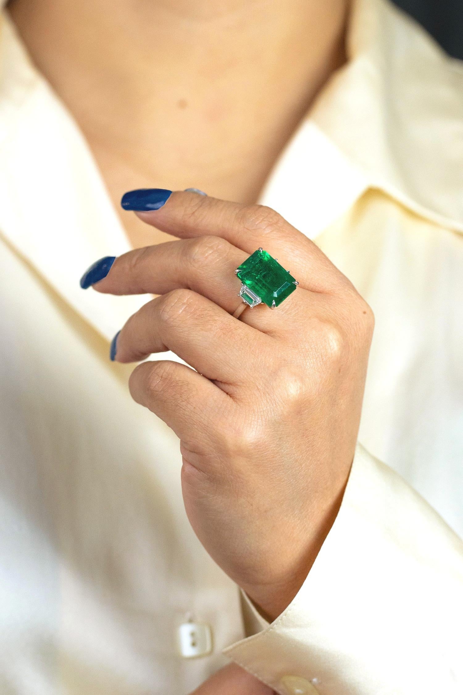 Emerald Cut Roman Malakov 12.82 Carats Emerald & Diamond Three-Stone Engagement Ring For Sale