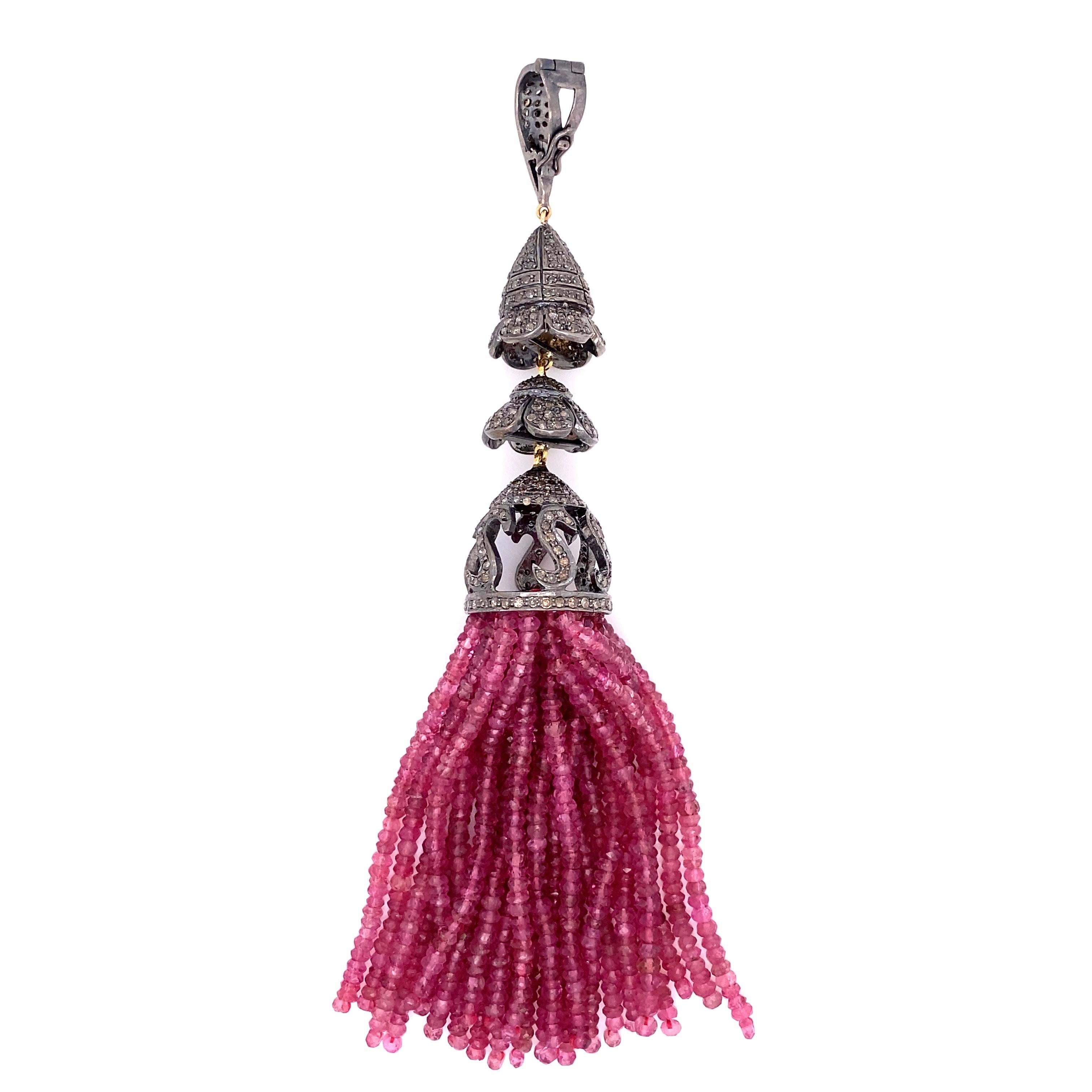 Mixed Cut 128.30 Carat Tourmaline Tassel and Diamond Gold and Sterling Silver Pendant For Sale
