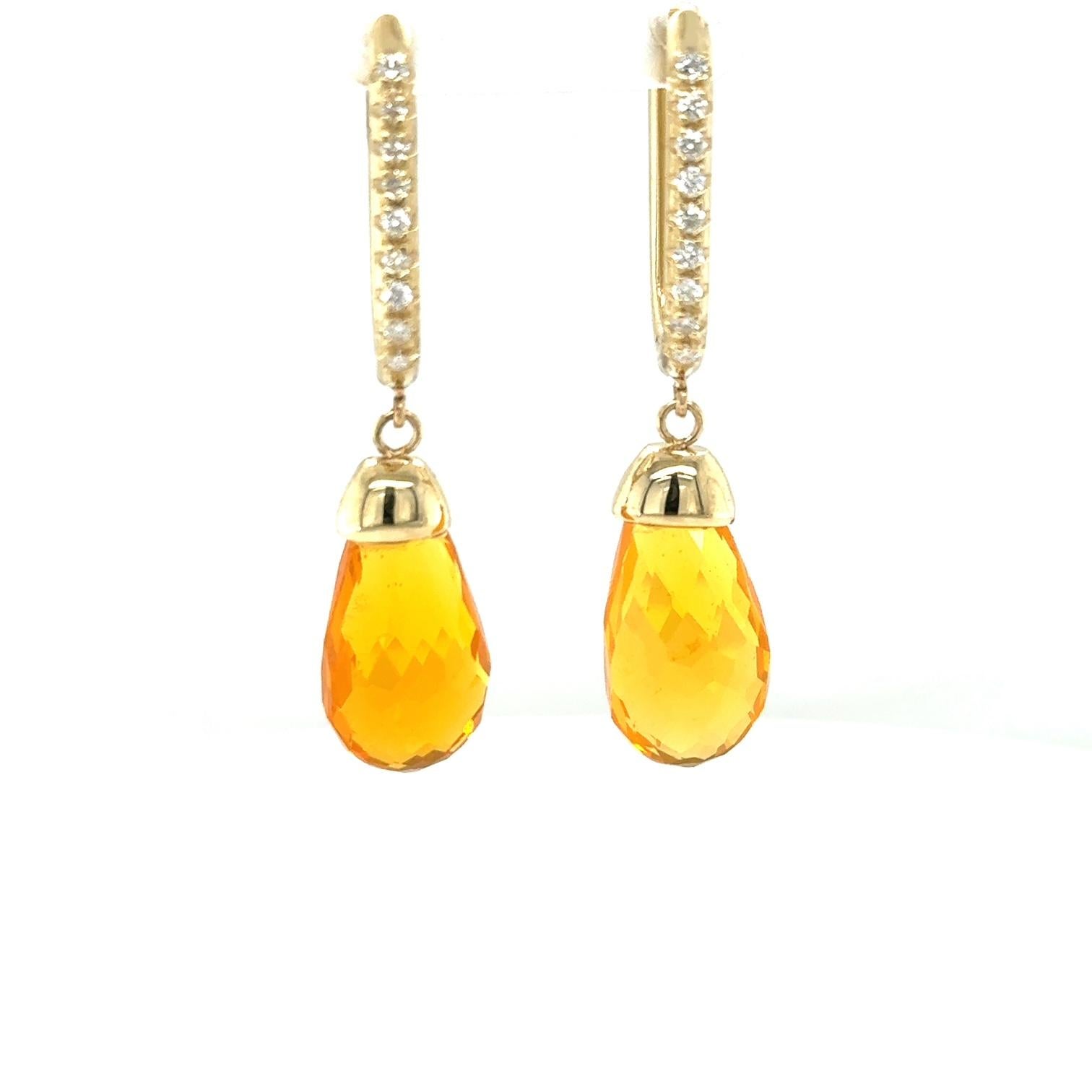 Briolette Cut 12.84 Carat Fire Opal Diamond Yellow Gold Drop Earrings For Sale