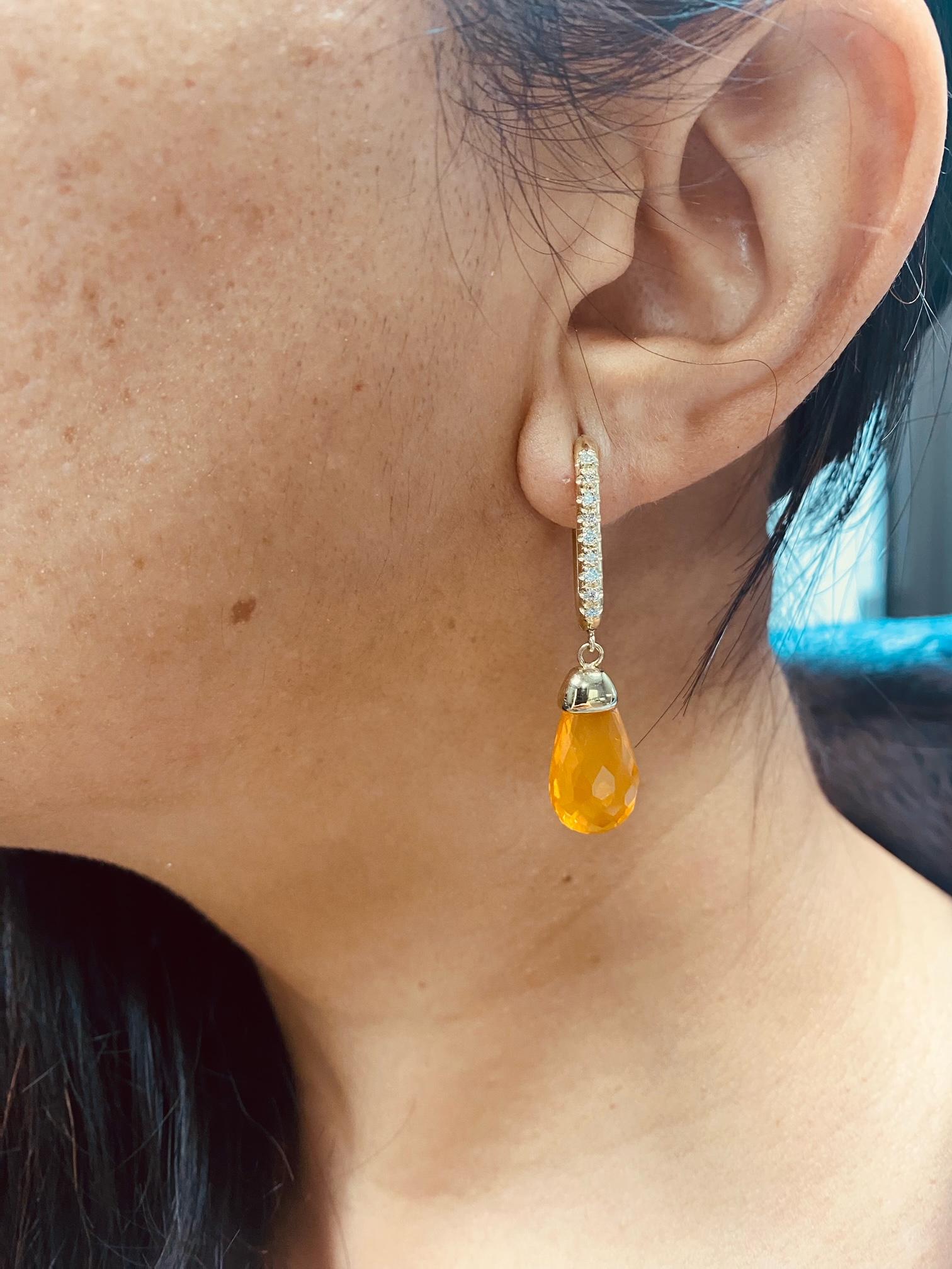 Women's 12.84 Carat Fire Opal Diamond Yellow Gold Drop Earrings For Sale