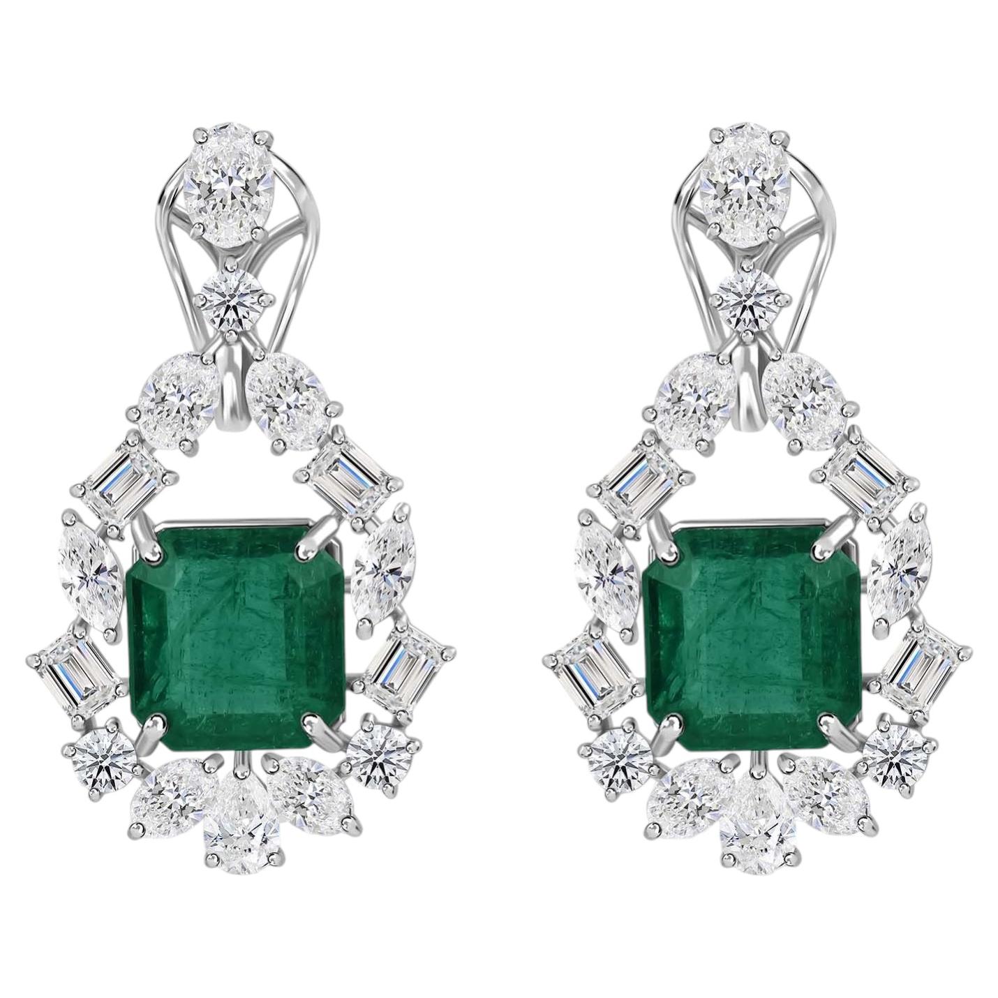 12.84 Carat Zambian Emerald 6.61 Carat SI/H Diamond Earrings 18 Karat White Gold