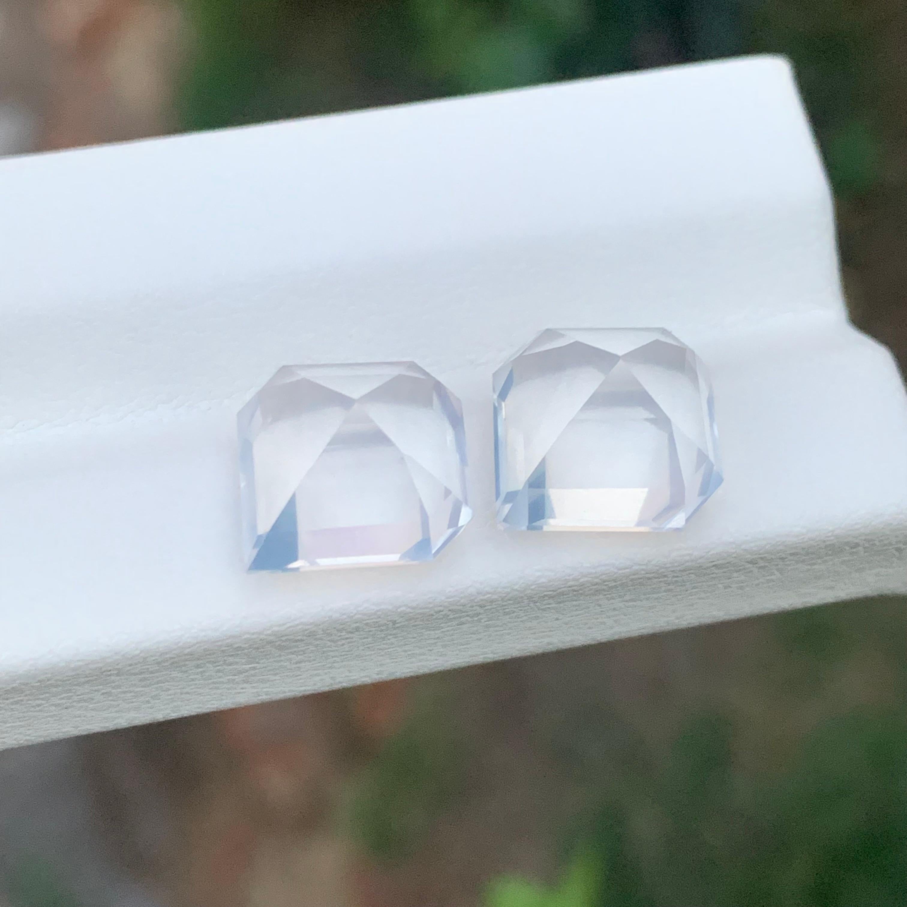 Women's or Men's 12.85 Carat Natural Loose Milky Quartz Pair Unique Asscher Cut Gemstone For Sale