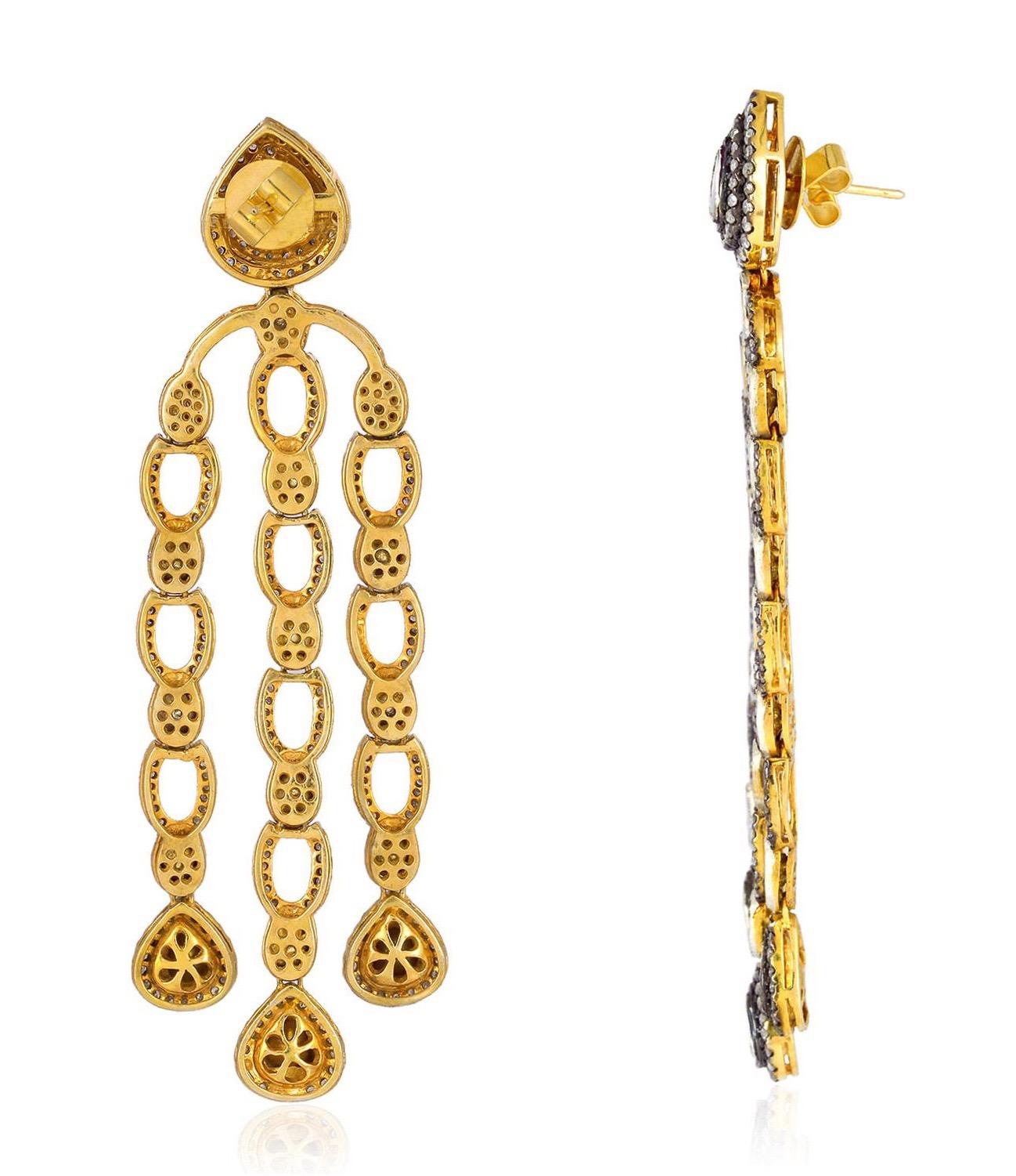 Artisan Boucles d'oreilles chandelier en diamants taille rose de 12,85 carats en vente