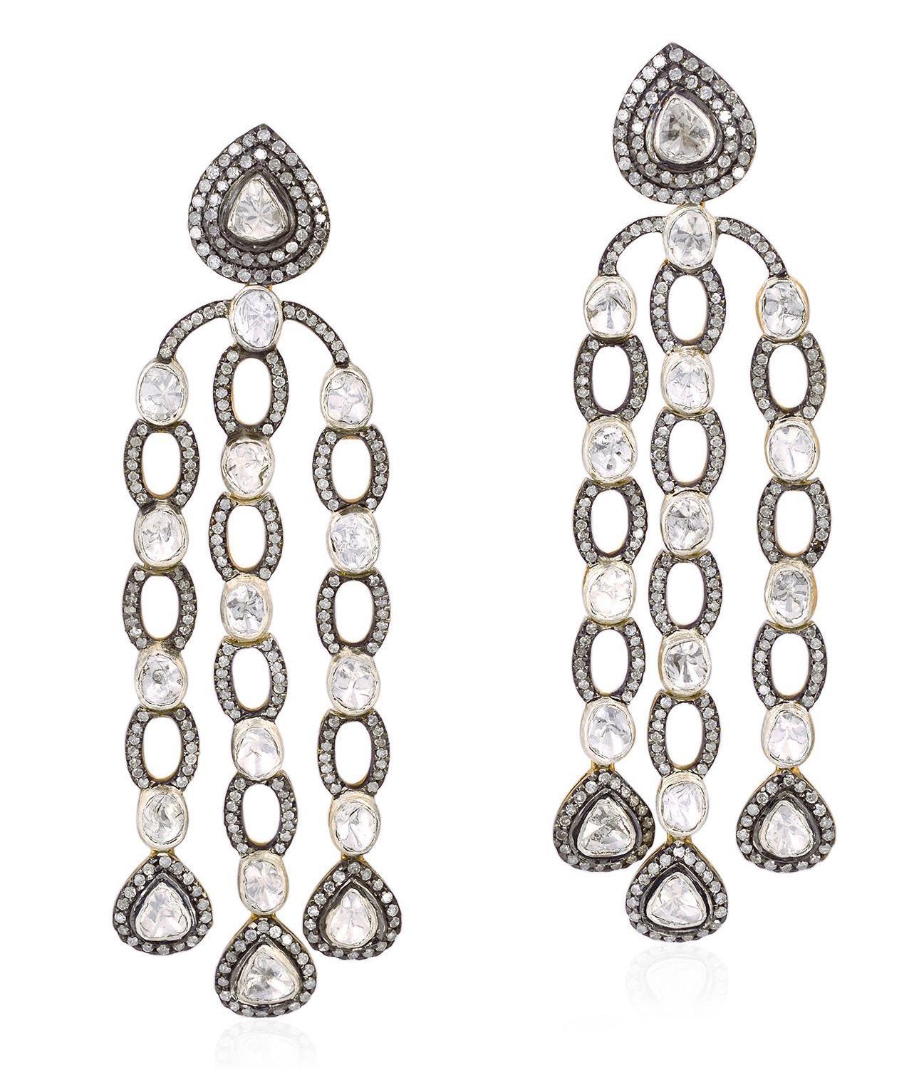 Taille rose Boucles d'oreilles chandelier en diamants taille rose de 12,85 carats en vente