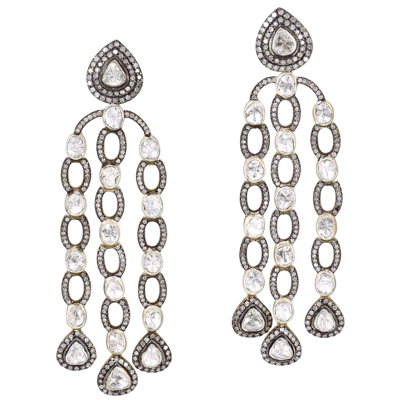 12.85 Carat Rose Cut Diamond Chandelier Earrings For Sale