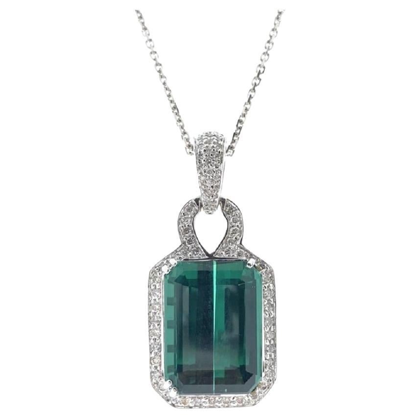 12.86 Carat Green Emerald & Diamond Pendant In 14k White Gold  For Sale