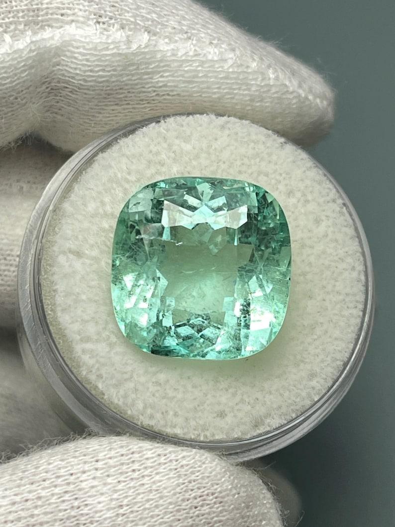 Cushion Cut 12.86 Carat Natural Cushion Colombian Emerald - 14.5x14mm Loose Gemstone For Sale