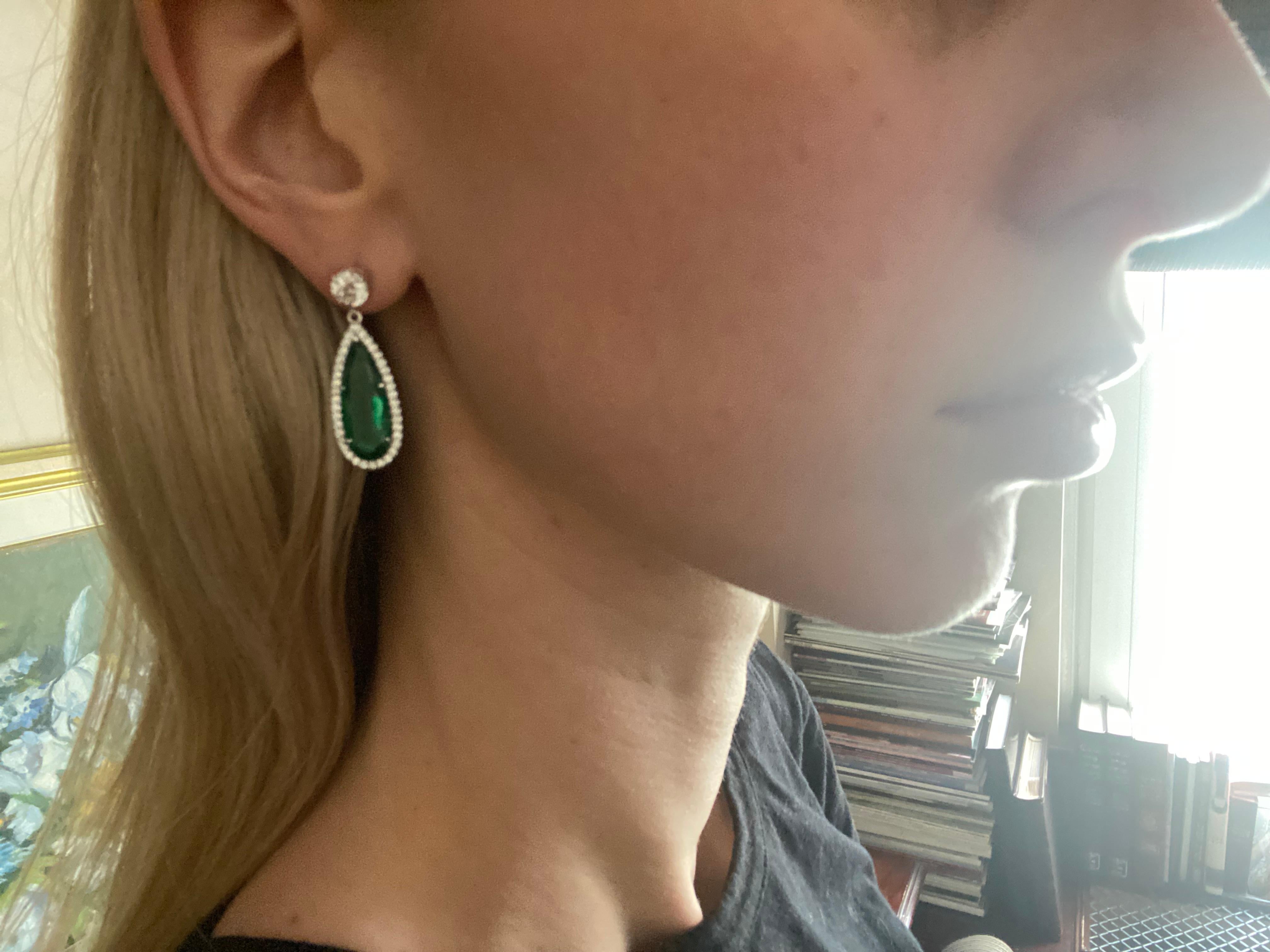 Women's or Men's 12.87ct Pear Shape Emerald & Round Diamond Earrings in 18KT White Gold For Sale