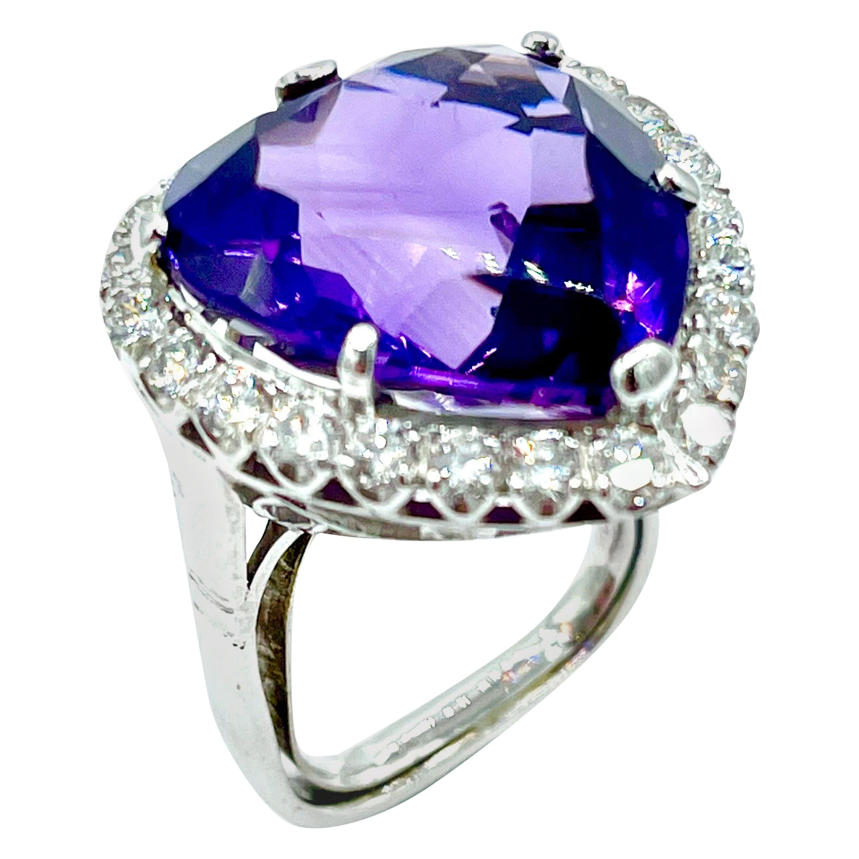 12.88 Carat Heart Shape Amethyst and Diamond Ring For Sale