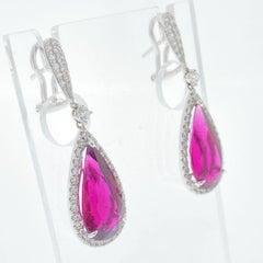 12.88 Carat Pear Rubelite & Diamond Earring In 18k White Gold