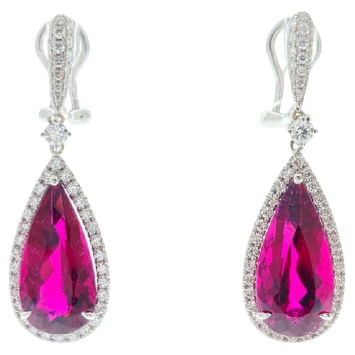 12.88 Carat Pear Rubelite & Diamond Earring In 18k White Gold